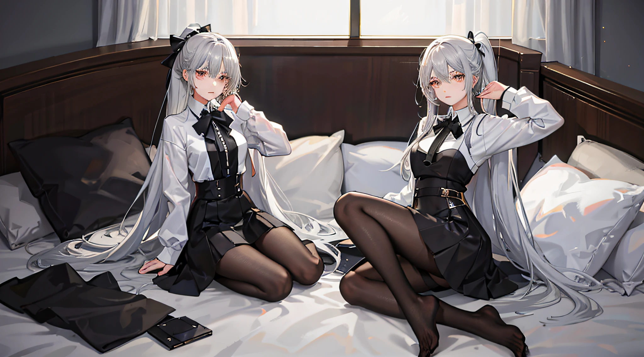 (((2 girls)),Ray traching,(dim murky lights),[detailedbackground(Bedrooms)),((Silvery hair)),((Silvery hair)),(((((Fluffy silver hair,plump and slender girl))Wears a high ponytail)))Avoid golden eyes in the ominous bedroom((((Girl wears white shirt,Black wrinkled skirt,Wear yours with black sheer pantyhose),It shows a delicate and slender figure and beautiful curves,Correct limbs,sit on a bed,Put your hands behind your head,Put both hands behind your head