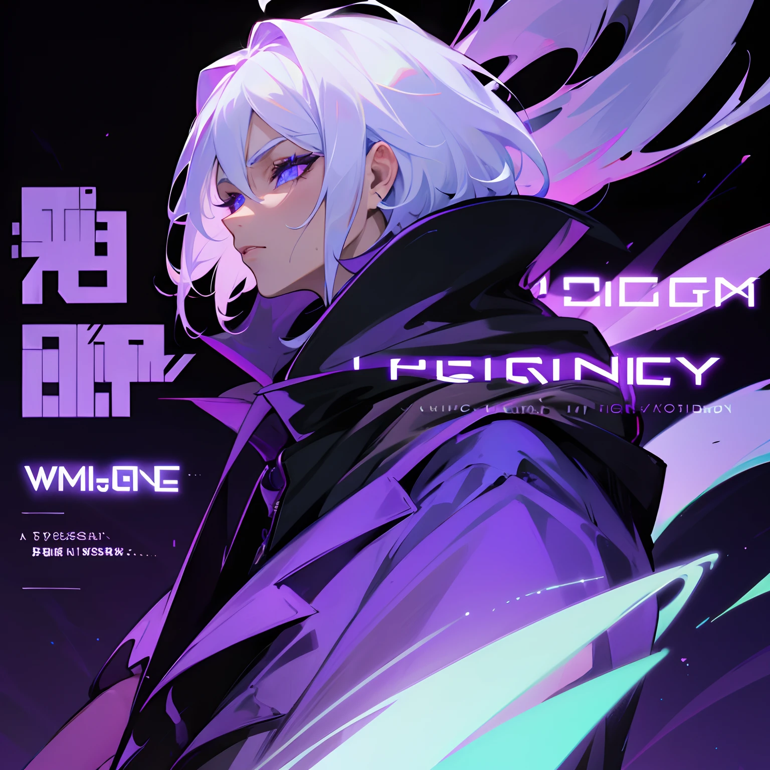 Magazine cover title:prime ultima,
1male with white hair purple glowing radiant eyesad face expression long eyelashes, short hair, wearing black hoodie, background very high tech futuristic city black and purple theme, side view wind blowing hair, close  up View