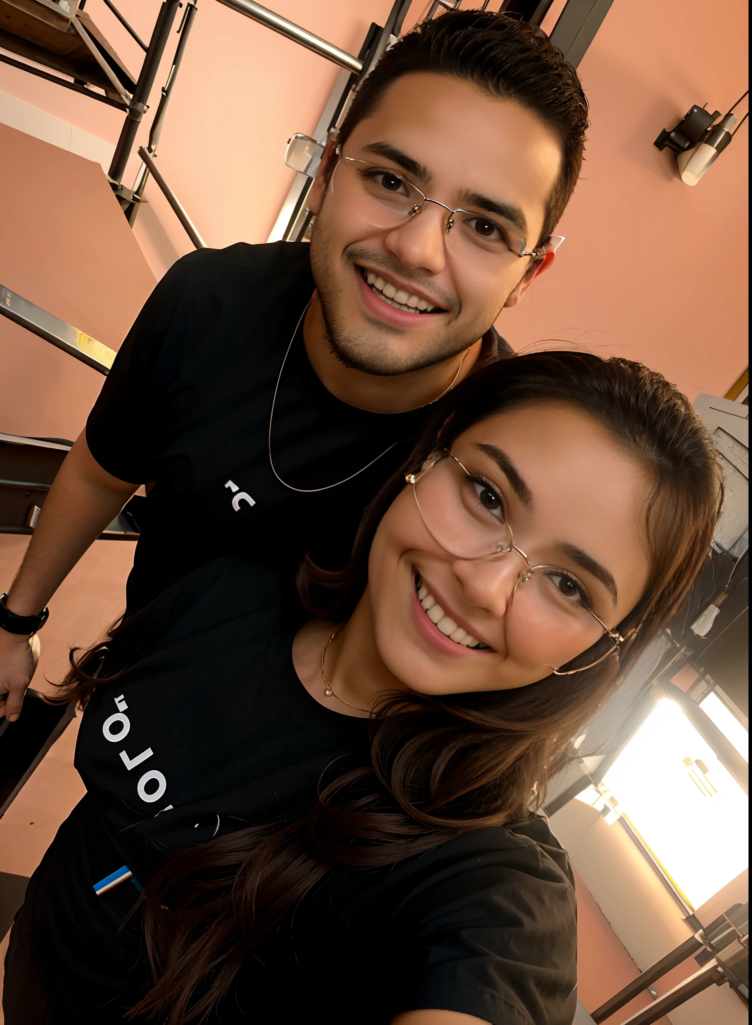 Smiling couple in black shirt and glasses in front of a metal ladder, Directed by: Nandor Soldier, Directed by: Olivia Peguero, andrea rocha, Foto realista, por Veno Pilon, Malika Favre, caio santos, by Amelia Peláez, Edon Guraziu, Sede 8k, Parece Fabiula Nascimento