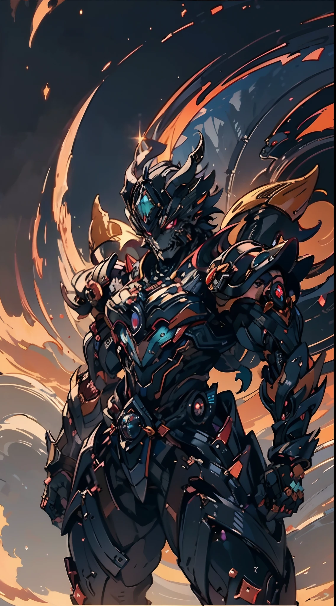 ((A young man:1.2)), short orange-brown hair, a wild hairstyle, knife-like thick eyebrows, bright and spirited big eyes, a fearless expression, a smile at the corner of his mouth, he wears a bizarre fantasy surreal-style chest armor with scales textures, wearing a dark bodysuit underneath, fingerless gloves, a beautifully fur belt around his waist, matching coarse cloth trousers, undaunted and wild posture, the background depicts a torn sky and earth, this character embodies a finely crafted fantasy surreal-style in anime style, characterized by an exquisite and mature manga illustration art style, high definition, best quality, highres, ultra-detailed, ultra-fine painting, extremely delicate, professional, anatomically correct, symmetrical face, extremely detailed eyes and face, high quality eyes, creativity, RAW photo, UHD, 8k, Natural light, cinematic lighting, masterpiece-anatomy-perfect, masterpiece:1.5