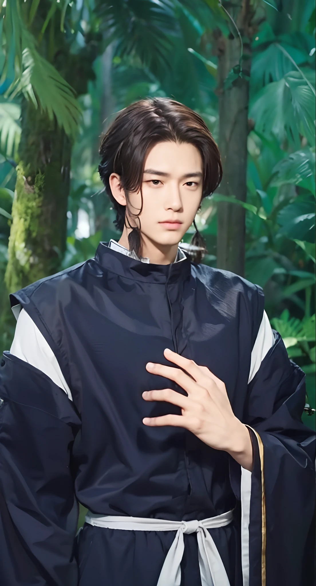 Real life adaption of this character, Handsome face,looking to viewer, sleep expression,realistic same hair ,realistic jungle with many grass background, hyper realistic, realistic light, realistic shadow, realism,(photorealistic:1.2), realistic same outfit