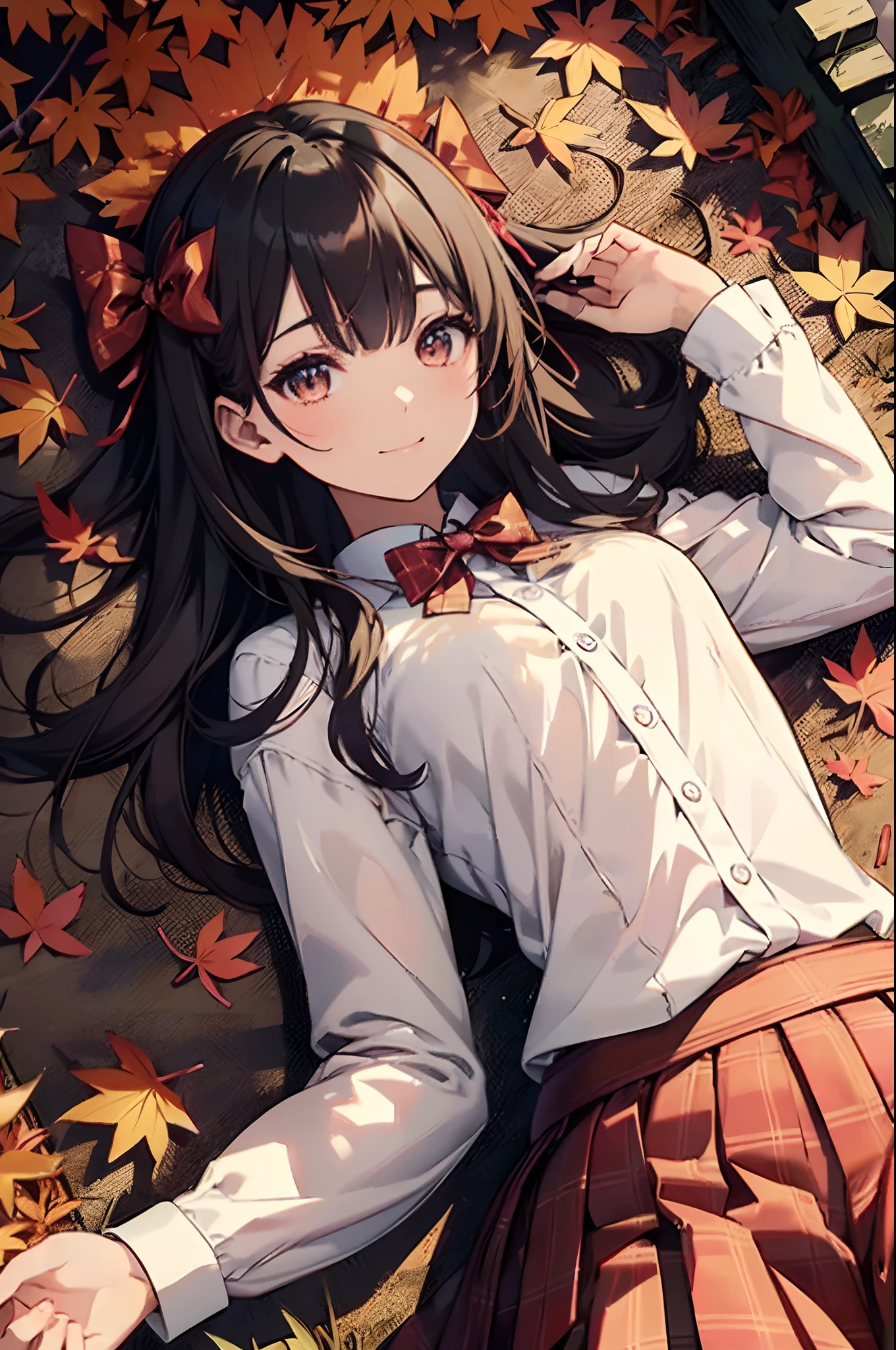 (Official art、Best Quality、Unity 8k Wallpapers、32K、masterpiece、ultra-detailliert、超A high resolution、realisitic、Photorealsitic:1.2)、(Cinematic lighting:1.2)、Fireglow effect、film grains、Best Shadows、Rim lighting、side lights、(Ultra-detailed and complex 3D rendering)、Sharp pupils、Realistic pupils、cowboy shot, Highly detailed background、beauitful face、blurry backround、a beauty girl、(super detailed skin、detailed skin textures:1.3)、Close-up of a statue in a field of red leaves, covered with fallen leaves, Red leaves on the ground, Autumn garden, Beautiful Autumn Spirits, covered with leaves, aomori japan, Cute, in autumn, red leaves, in japanese garden, in autumn, during autumn, autum, traditional japanese colors, japan nature、(From above、Lie down:1.3)、(outside of house、thighs thighs thighs thighs)、blazers、The shirt、Plaid bow tie、Plaid pleated mini skirt、 beautiful girl、Beautiful black hair、Blunt bangs、eyes are brown、Embarrassing、looking happy smile、