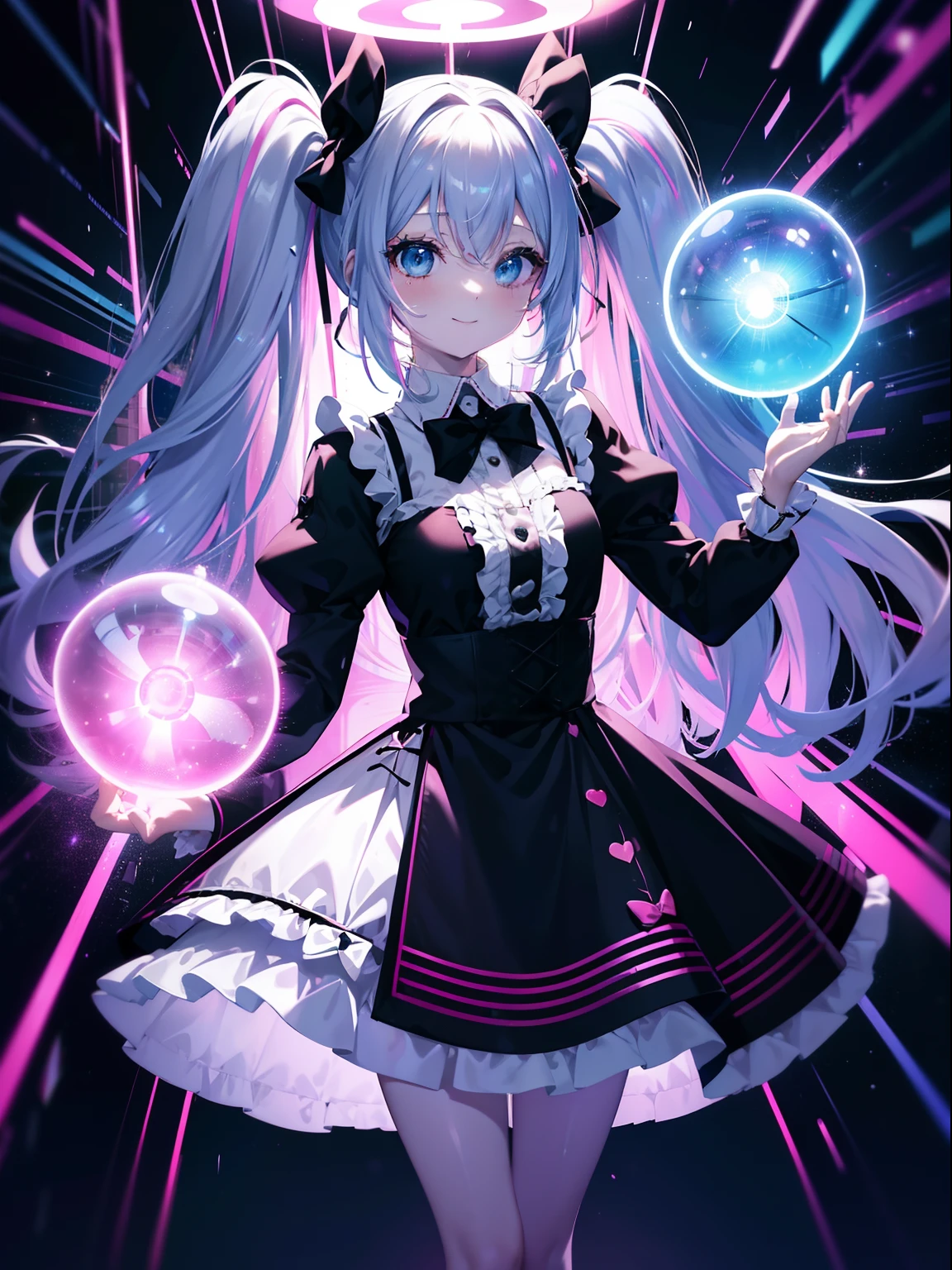 (masutepiece, Best Quality, 超A high resolution),3女の子,Pink ruffles, Ruffled dress, gothic dress,Silver-haired twin tails,Bags under the eyes, A smile,pale skin,beautiful and detailed face, Detailed eyes,frilld,Holding a black cat,bow ribbon,Transparency,fluorescent,Sparkling eyes,Pink Neon Tube,Disco background,Seven colors,A delightful,full body Esbian,People around,Happiness,mirror ball,Detailed finger,Glittering,(((vividness))),dance,miku hatsune,Blue Fluorescent Tube,Green Fluorescent Tube