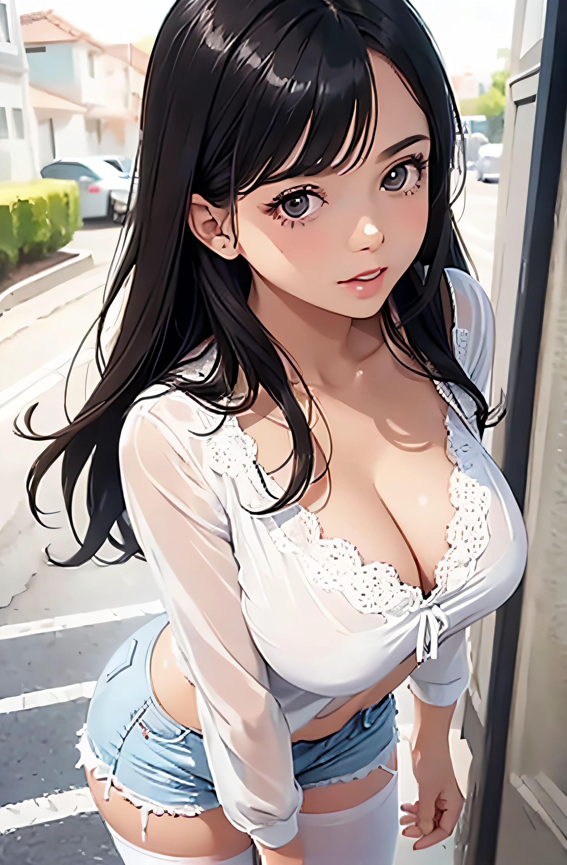 girl in summer clothes, white blouse, shorts, pantyhose or long stockings, making like she wants to kiss you, view from viewer, medium breasts, cleavage, random backgroud, flirtatious look, ((very detailed)), (perfectly detailed face), (well detailed hand) photorealistic image.