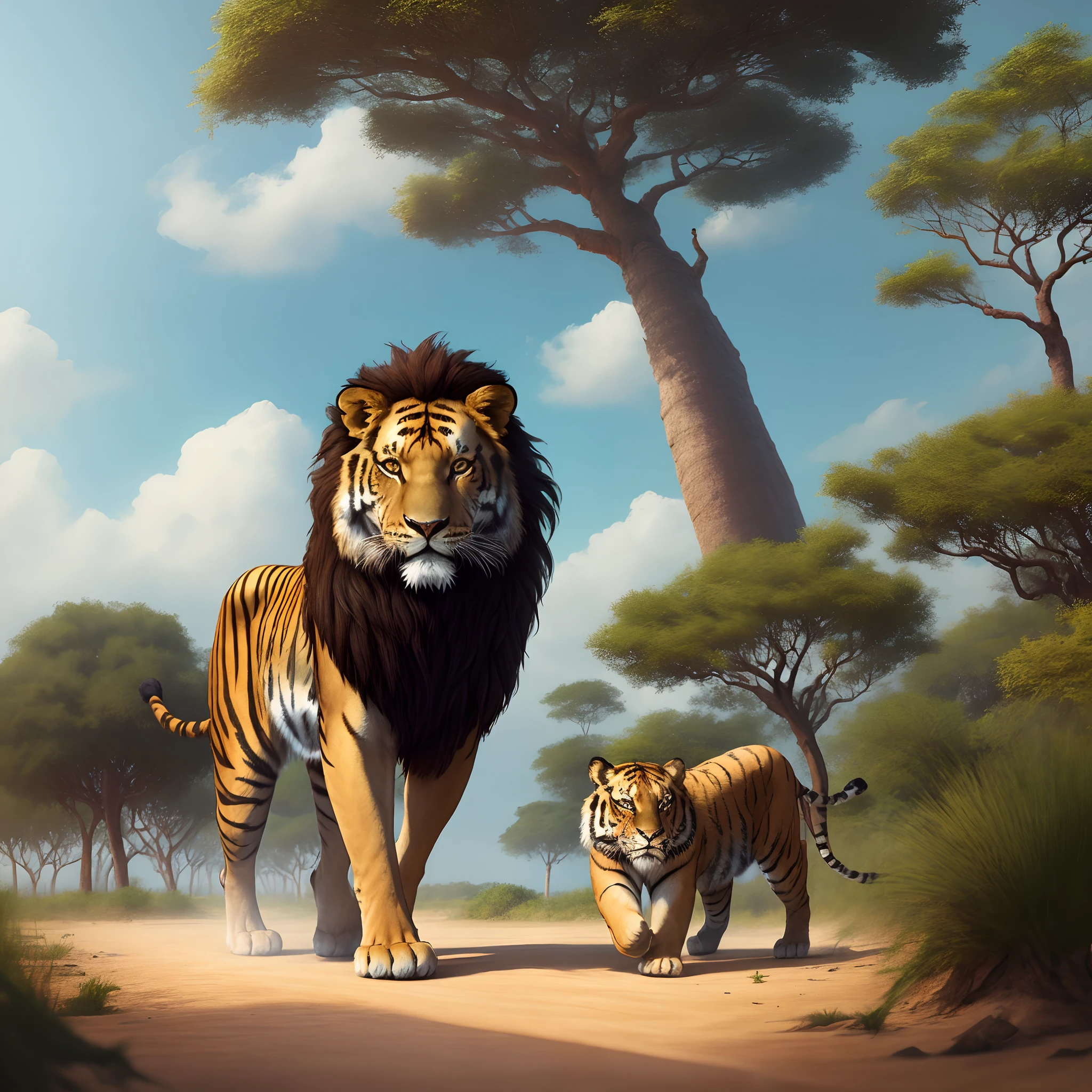 a 2d platform image of a lion a tiger a main coon and a panther walking across senegal with a baobob tree in the background