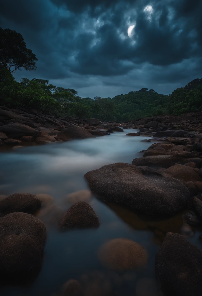 best quality, 8k, uma raposa negra com chamas azuis em partes de seu corpo deitada em uma lua, cena das nuvens