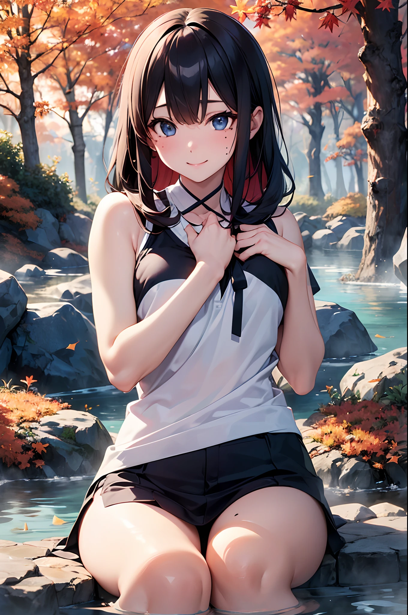 (Girl with a nasty appearance:1.1)、(Daytime:1.5)、(and chest:1.4)、Raw photography, top-quality, hight resolution, (masterpiece), (Photorealsitic:1.4), (Mole under the eyes),Anime Cosplay, foco nítido, nffsw, 8K分辨率, intricate detailes, depth of fields, the Extremely Detailed CG Unity 8K Wallpapers, front lit, femele,25-years old、 Happy face,Smiling、(tying hair:1.5)、(Medium Showtrain Bo Hair)、(Soak in the hot springs:1.3)、blue eyess,(ryokan:1.5)、(Autumn forest in the background:1.3)、(steam:1.2)、Sparkling hot springs、Autumn sky