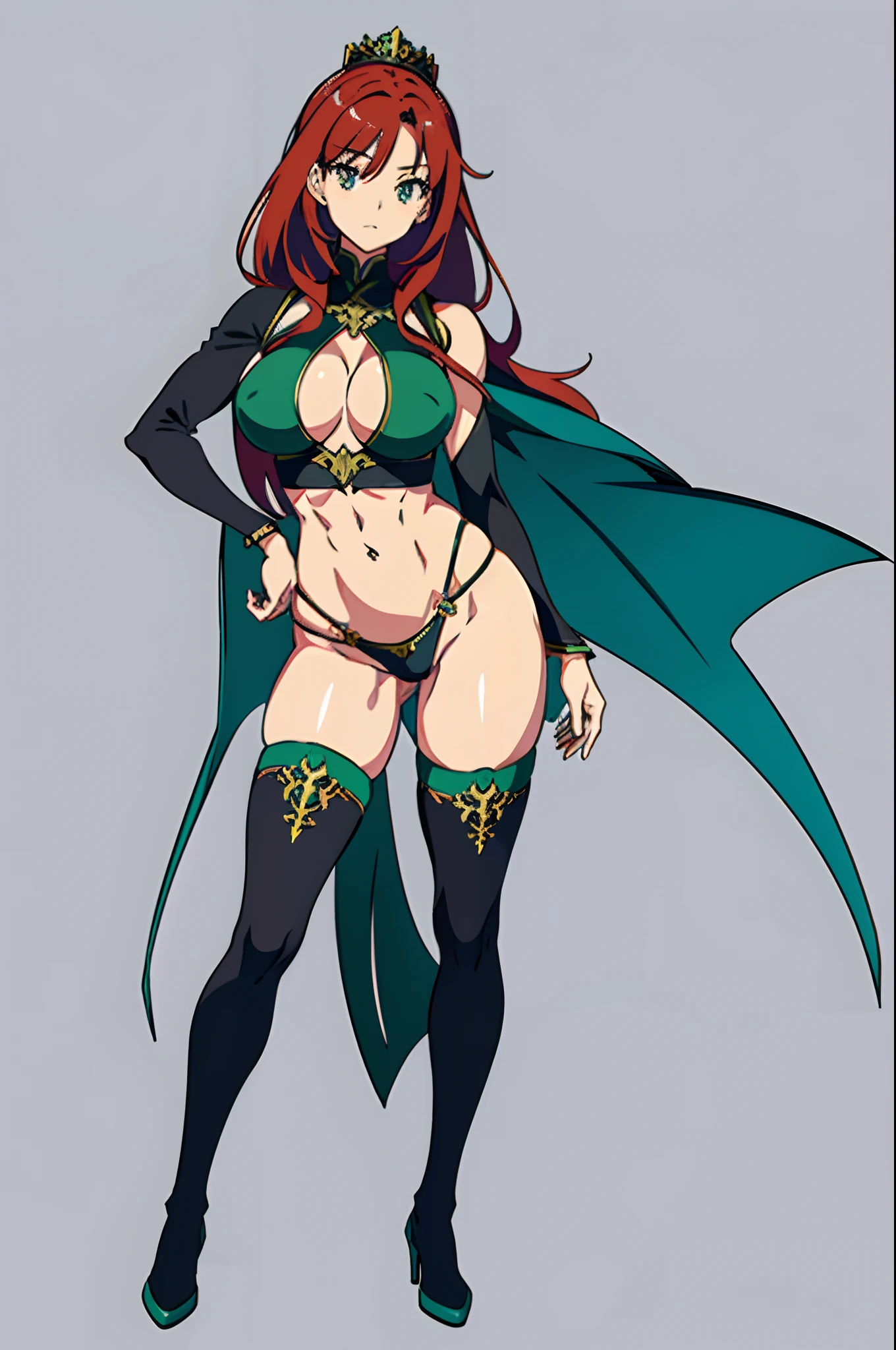 masterpiece, best quality, highly detailed, 8k, (pure grey background:1.2), anime, (2D:1.1), (1girl:1.2), 30-year-old queen, (athletic body:1.2), abs, (muscular:1.2), beautiful face, shining eyes, (long legs:1.2), red hair, big breasts, wearing green stockings, wearing green thigh boots with high heels, slender waist, tight butts, cool, opening mouth, korean idol, (full-body image:1.2), (showing off her body:1.2)