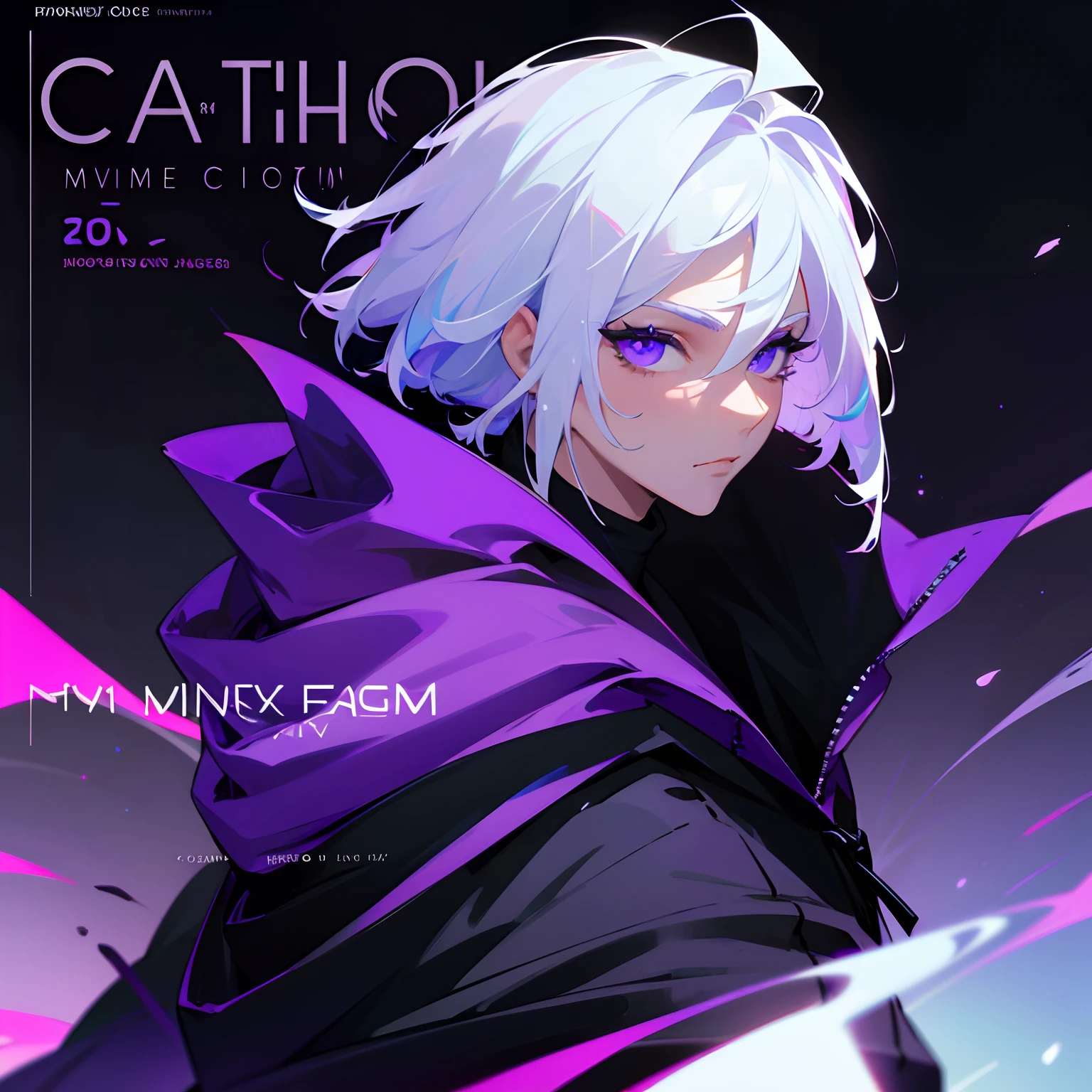 Magazine cover title:prime ultima,
1male with white hair purple glowing radiant eyesad face expression long eyelashes, short hair, wearing black hoodie, background very high tech futuristic city black and purple theme, side view wind blowing hair, close up View