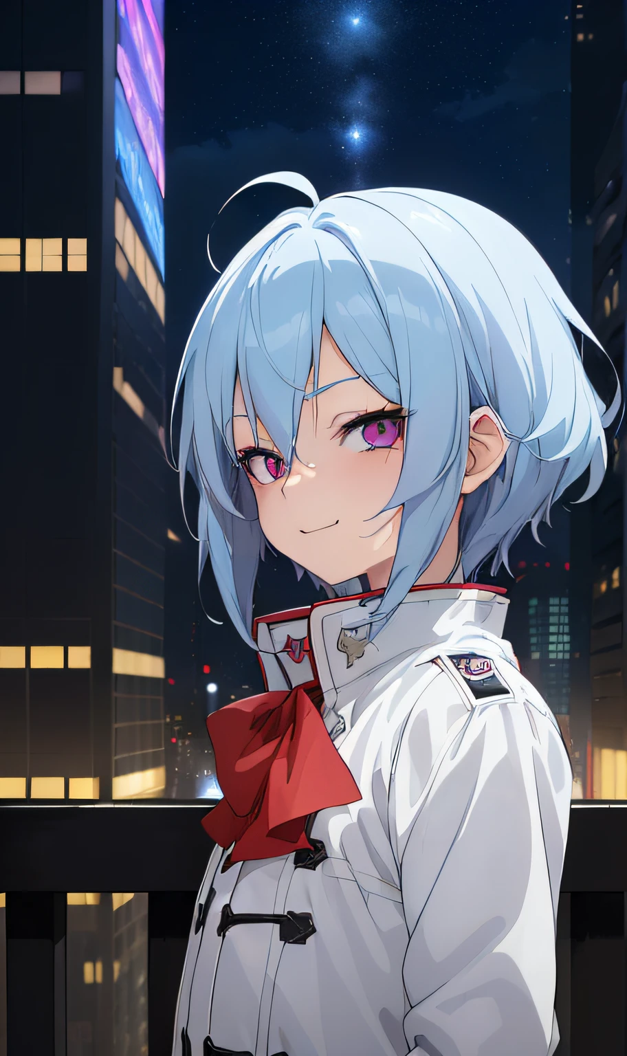 (Masterpiece, Best quality:1.2), Shota, Sky blue hair, (((SKY BLUE HAIR))) violet eyes, delicate, red eyes, White and red trench coat, Cute, , Evil smile, Manipulative expression, City background, skyscraper, futuristic city, night, stars, night lights. (((anime style, anime girl,)))