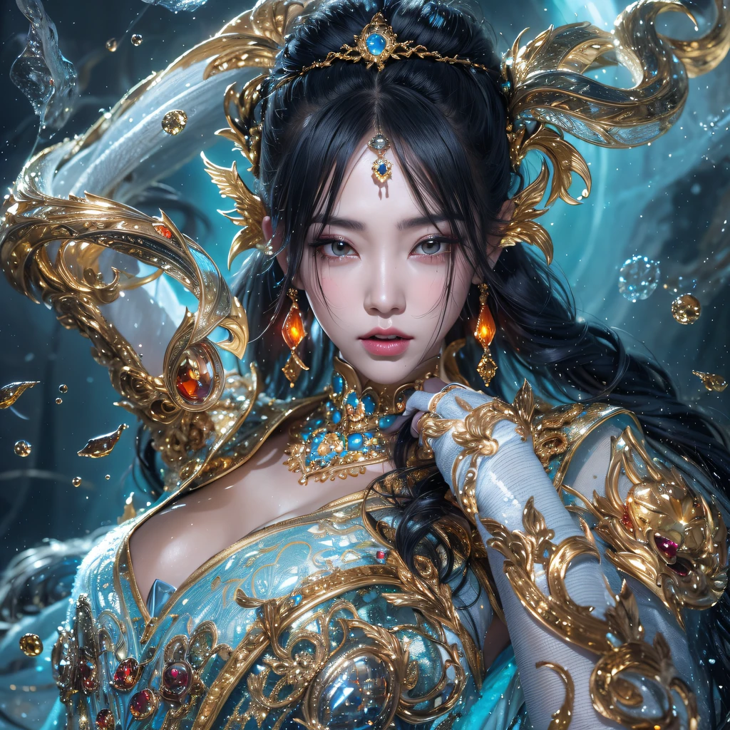 Fly the Nine-Tailed Light Blue Sky Division Flame Hairy Bear Star,Erotic,Torch Night Black Gold Orange Brocade Silk Snake Print Silk Pants,Rouge diamond tulle sheer lizard-patterned leggings,Fat Girl Space Flying in the Snow 1:900 miniatures,Front view,Pure transparency,Wear boxing gloves,Wear thick-rimmed reflective sunglasses with gold threads,Panorama ultra-wide angle,extremely happy,The texture of the real person is delicate,Strong visual impact,Hyper-detailing,Dream girl,Refined face,prettyeyes,Hair strands float in the air, Cherry model,Ouyang Xiaotong,crystal-clear,Good sense of perspective,Light and shadow effects,16K smooth,Surface reflected light,Flowing black hair,Water Goddess 32K,复杂,ellegance,highly detailed,A majestic,Digital photography,Autumn cowboy shot,surrealism painting,Broken rubies,Beating magic,Entwined water magic,(tmasterpiece,Cinematic light,Fine beautiful eyes:1.2),hdr,Void 5 Energy Storm,(China 1 girl,Black eyes:1.5),Rouge skin,Glowing skin,(sitting on the stone:1.5),delicated face,Black color hair,Put on palatial gold armor,cropped shoulders,,short skirt,Beautiful golden armor,Rained,big breasts beautiful,looking at viewert,Face away from the camera,tmasterpiece,Lateral face,Side portrait close-up