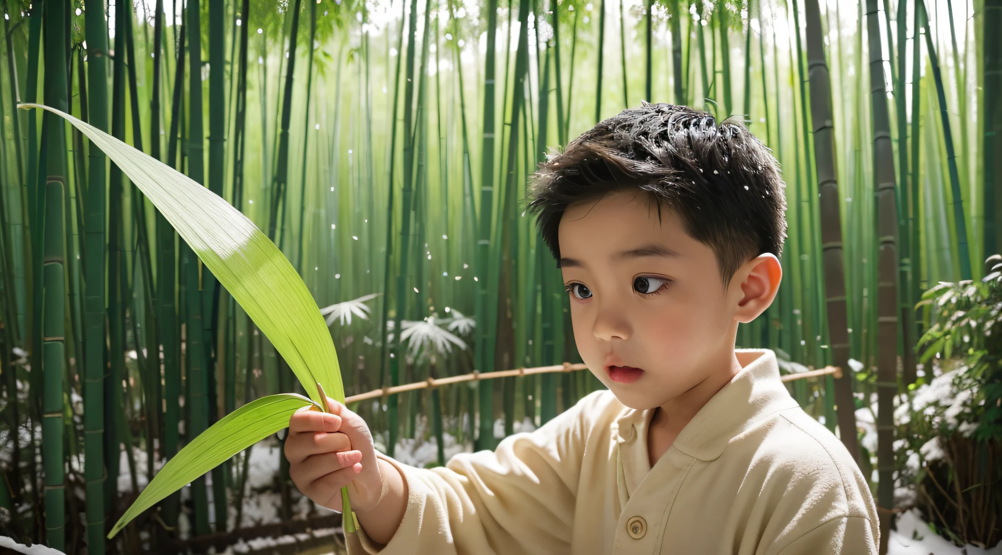 The boy came to a bamboo forest covered with snow,He carefully plucked a withered yellow bamboo leaf,Gently place it on your lips。sudden,A small red silkworm flew down,Sucking on the sap of bamboo leaves,It seems to touch the understanding of the joys and hardships of life in the hearts of young people