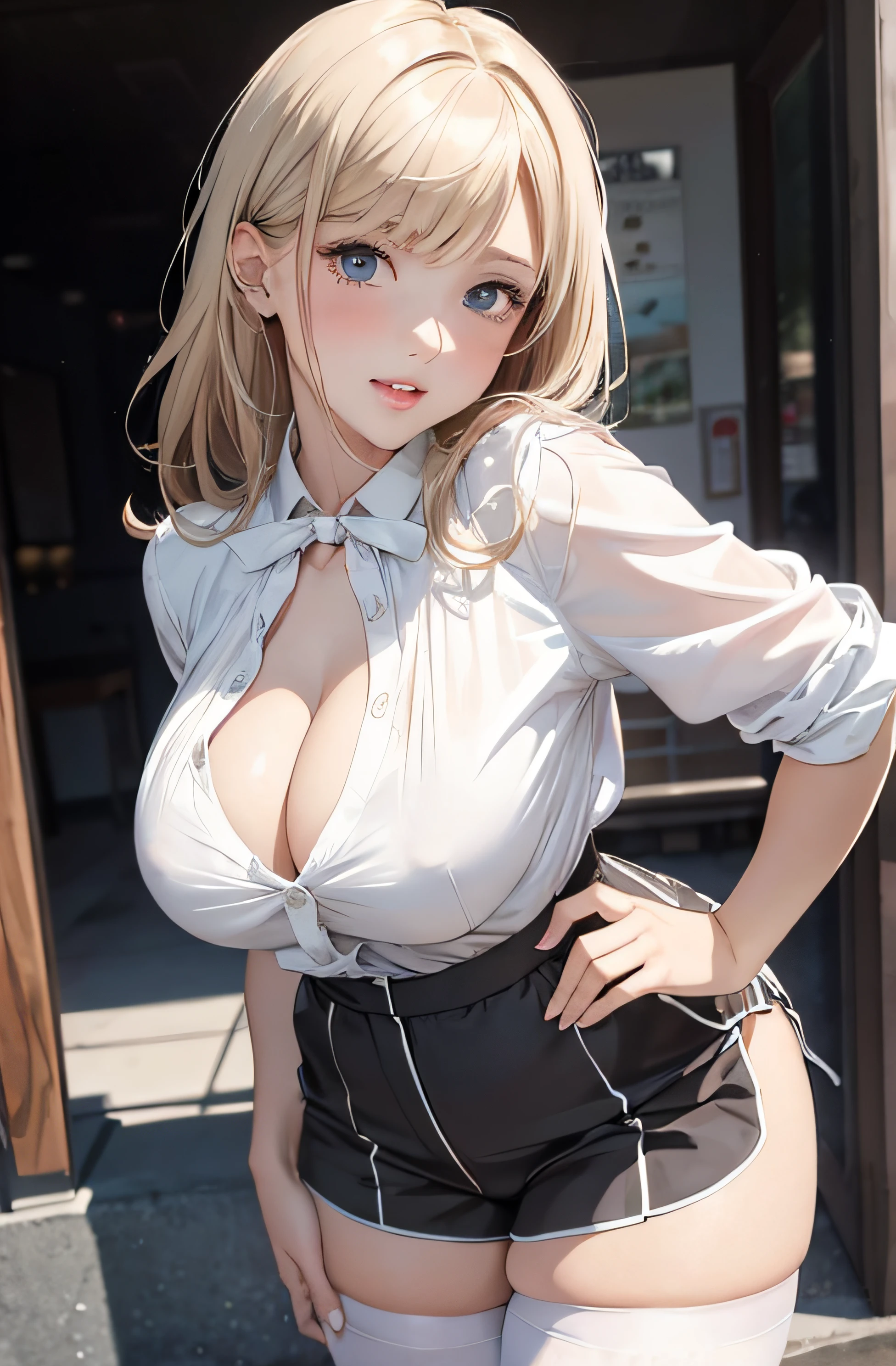 girl in summer clothes, white blouse, shorts, pantyhose or long stockings, making like she wants to kiss you, view from viewer, medium breasts, cleavage, random backgroud, flirtatious look, ((very detailed)), (perfectly detailed face), (well detailed hand) photorealistic image.