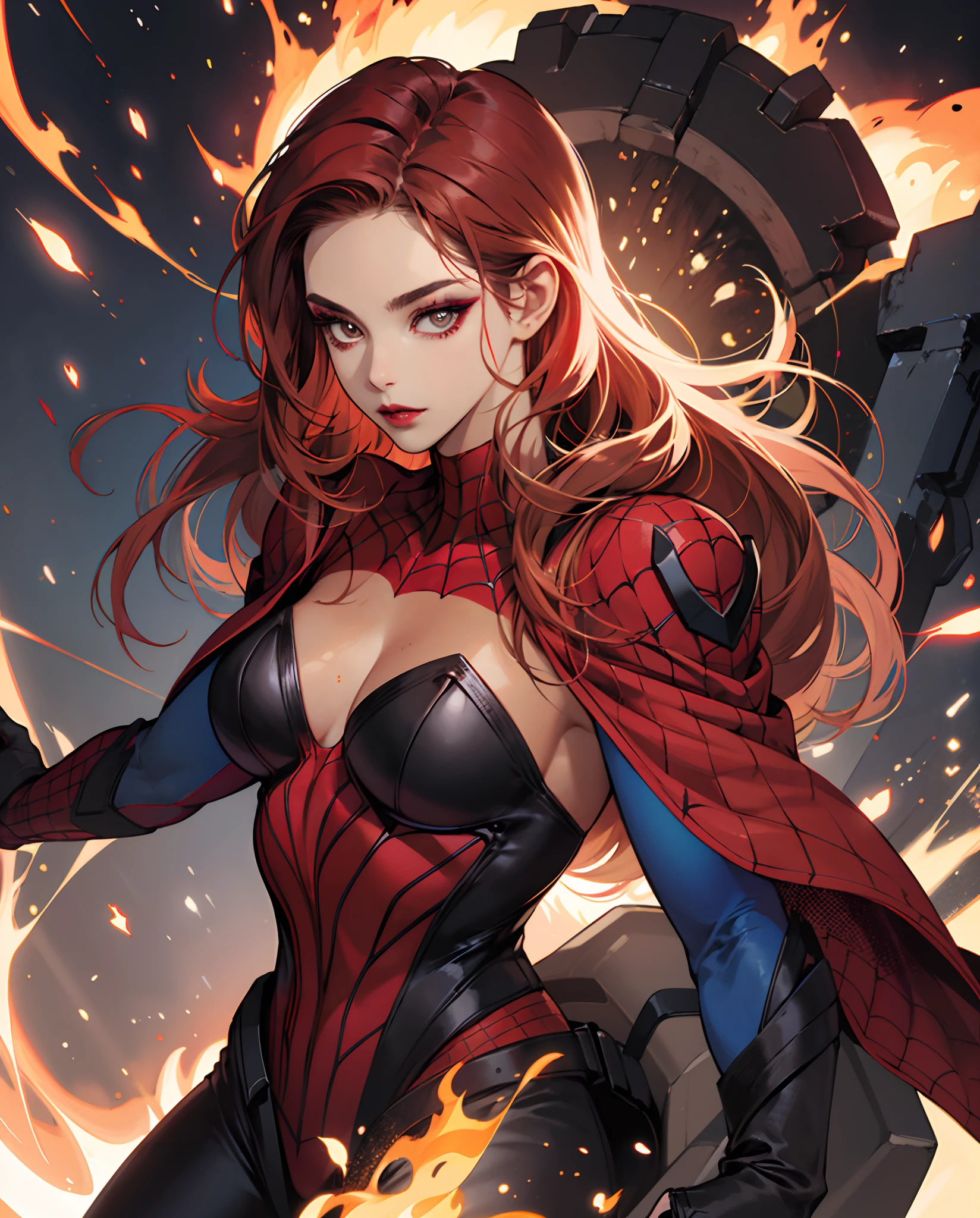 spiderman comic panel with a very tan girl with dark brown eyes and bright fire red shoulder length hair and red and black makeup