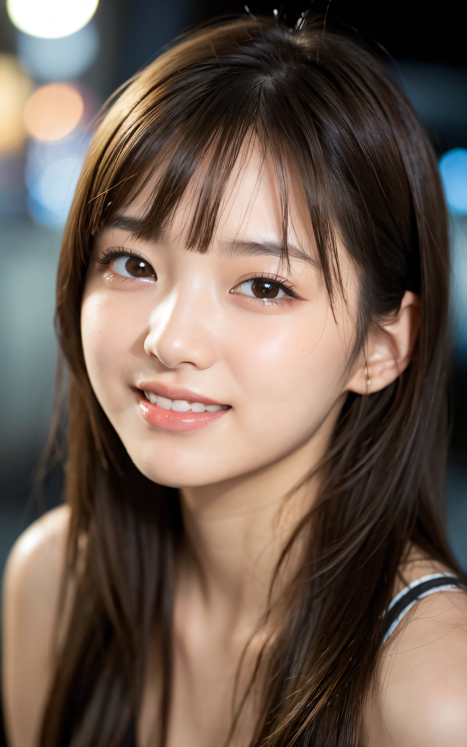 1girl,(wearing a knit neck tanktop),(RAW photo, best quality), (realistic, photo-realistic:1.4), masterpiece, an extremely delicate and beautiful, extremely detailed, 2k wallpaper, Amazing, finely detail, extremely detailed CG unity 8k wallpaper, ultra-detailed, highres, soft light, beautiful detailed girl, extremely detailed eyes and face, beautiful detailed nose, beautiful detailed eyes,cinematic lighting,city lights at night,perfect anatomy,slender body,light smile,close up,(long hair with bangs), big breast size, potrait, looking at viewer.