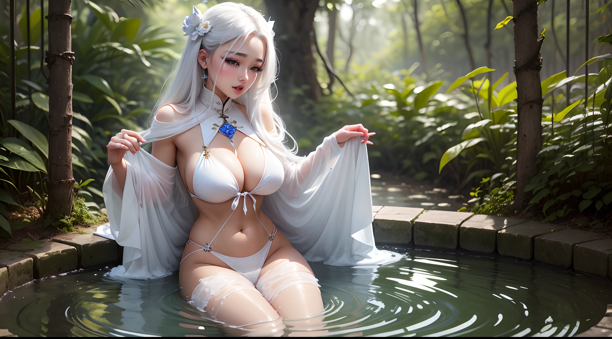 girl beautiful big tits white liquid bathing open legs long hair white hair bikini ecstasy pleasure ao dai