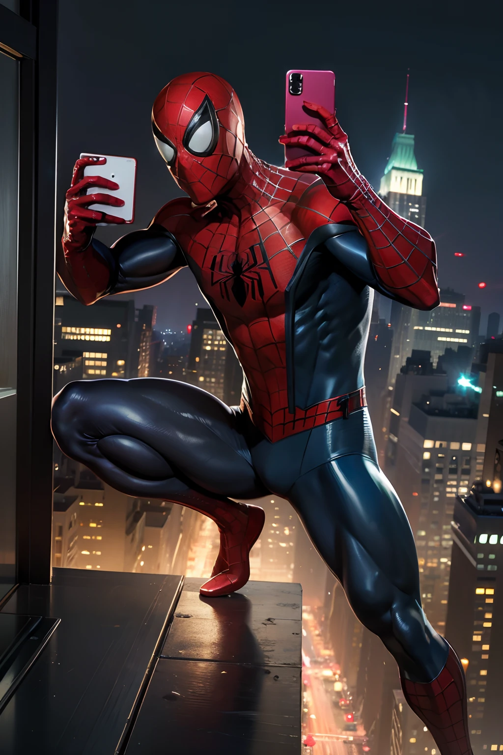 masterpiece, best quality, fullbody, spider-man costume, mask, 1boy, squat flying, taking selfie, (night) new york background