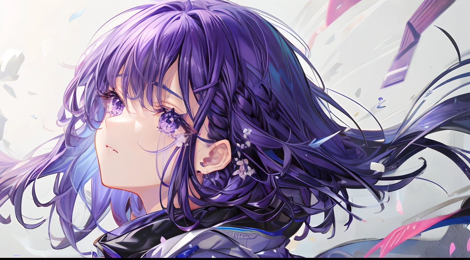 1 girl in、Eyes swaying anxiously、Tears、Eyelids lowered、Purple hair、Medium Hair、Purple eyes、