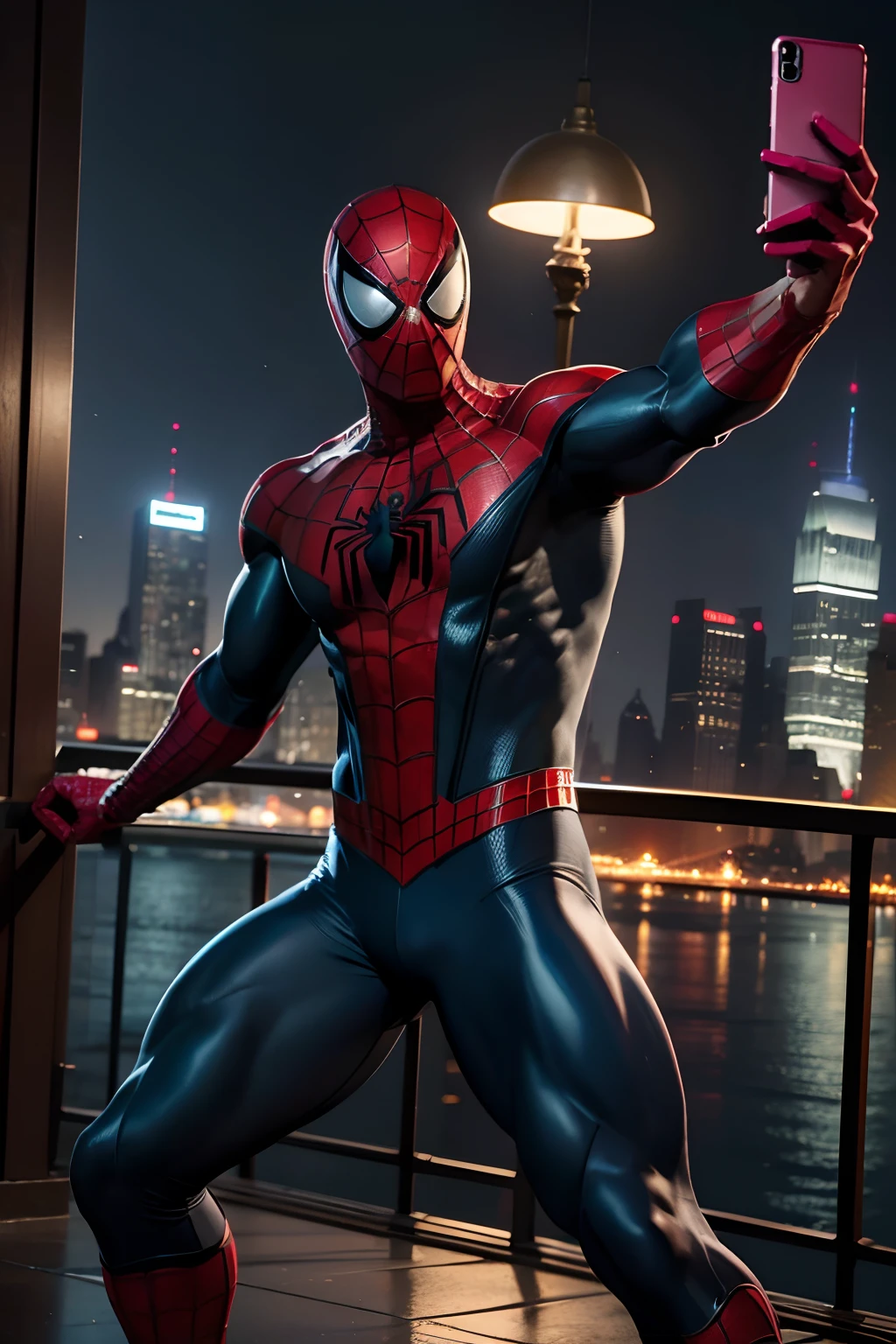 masterpiece, best quality, fullbody, spider-man costume, mask, 1boy, squat flying, taking selfie, (night) new york background