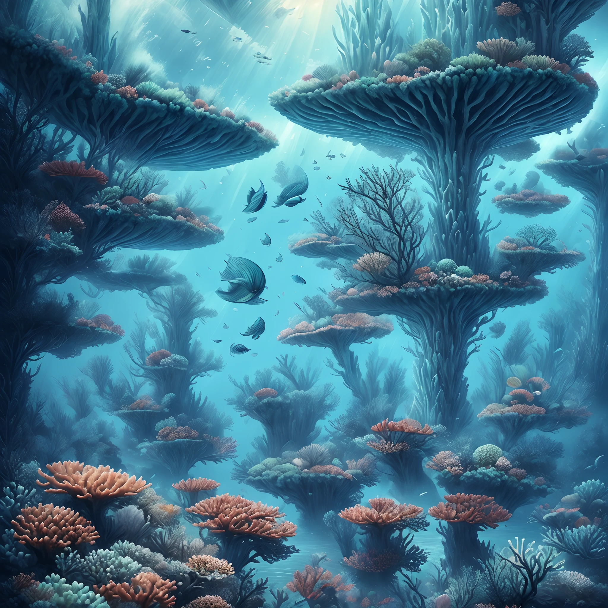 best qualityer, Super tall, Superrealisticart, Best quality, 巨作, Ultimate Refinement and Beauty, surrealism, Amazing, finedetail, Extreme detail,ocean floor、Marine life、Beautiful coral reef、The fish,drak,Imperial water,Magical style