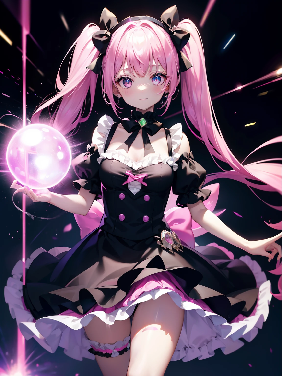 (masutepiece, Best Quality, 超A high resolution),3女の子,Pink ruffles, Ruffled dress, gothic dress,Silver-haired twin tails,Bags under the eyes, A smile,pale skin,beautiful and detailed face, Detailed eyes,frilld,Holding a black cat,bow ribbon,Transparency,fluorescent,Sparkling eyes,Pink Neon Tube,Disco background,Seven colors,A delightful,full body Esbian,People around,Happiness,mirror ball,Detailed finger,Glittering,(((vividness))),dance,White underwear glimpse,Blue fluorescent tube,Green fluorescent tube