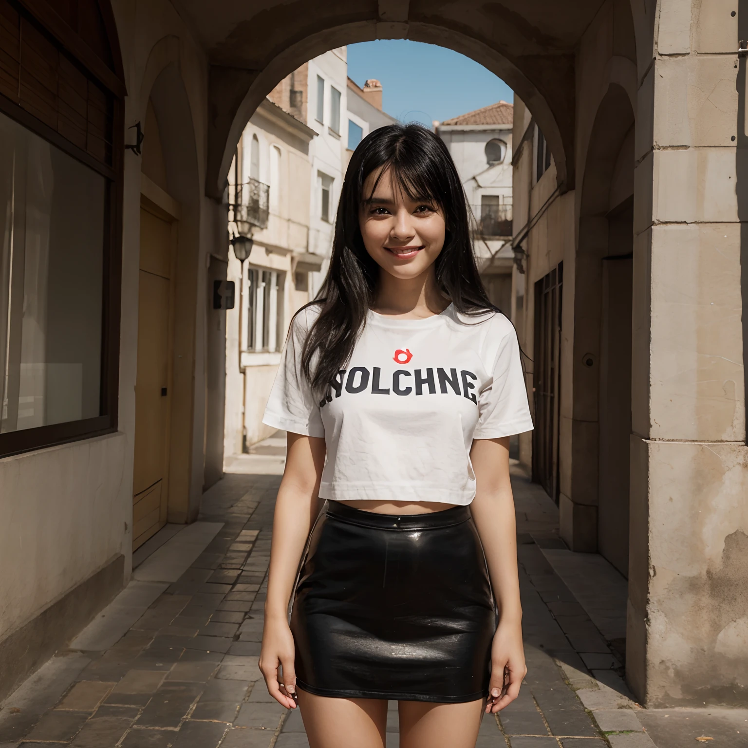 Young girl, black hair, smiling, standing, looking at camera, full body image, Surrealism, 8k, super detail