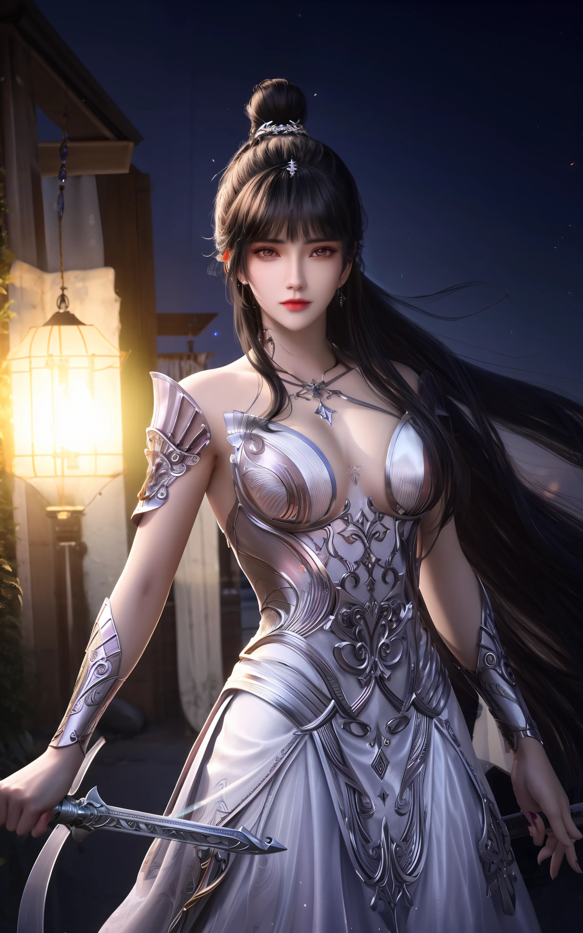 Best quality,tmasterpiece,A high resolution,CG,
1girll,arma,The sword,long whitr hair,Eau,独奏,jewely,White thin dress,ssee-through,耳Nipple Ring,hair adornments,spatter,hair-bun,brunette color hair,
illuminating,Frankness,photore,A high resolution,4k,8k,bokeh,