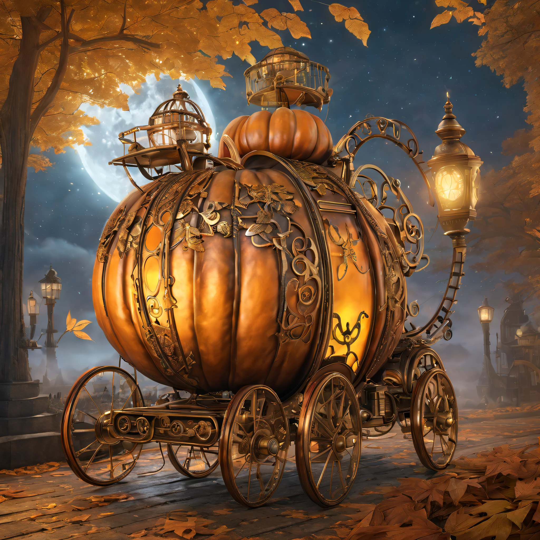 high-res, HDR, ultra-detailed, vintage futuristic pumpkin carriage, antique, steampunk, detailed carved pumpkin decorations, vintage brass lanterns, intricate metalwork, ornate wooden wheels, elegant Victorian style, mystical atmosphere, ethereal glow, magical twilight, enchanting vine-covered surroundings, dusky sky, dreamlike, whimsical, glowing neon lights, retro-futuristic, vibrant colors, surreal, otherworldly, romantic moonlit pathway, cascading golden leaves, whimsical steam-powered mechanisms, intricate clockwork designs, mystical fog, finely crafted leather seats, aged rusty gears.