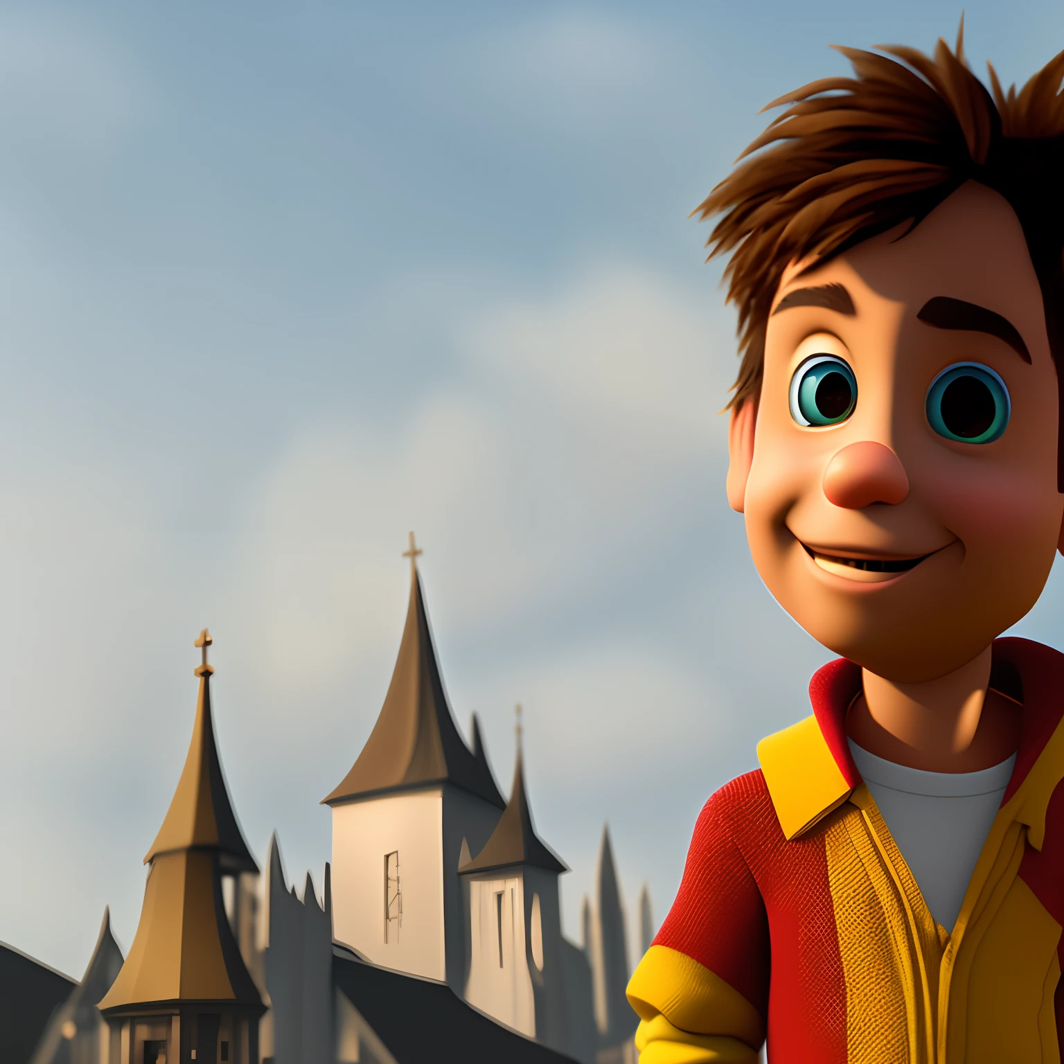 create a Pixar-style character, in 3D, with the following characteristics, a young white man with short, straight brown hair, chin with dimple and eyes with droopy brown color, round face, with the city in the background with a yellow church behind and smiling