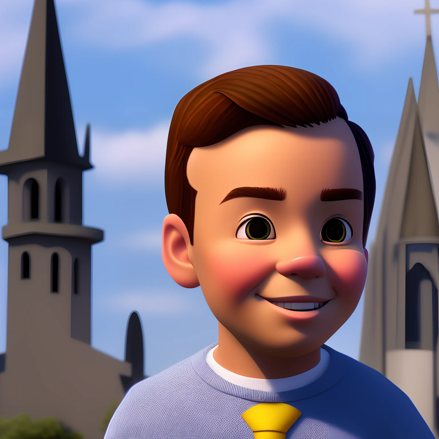 create a Pixar-style character, in 3D, with the following characteristics, a young white man with short, straight brown hair, chin with dimple and eyes with droopy brown color, round face, with the city in the background with a yellow church behind and smiling