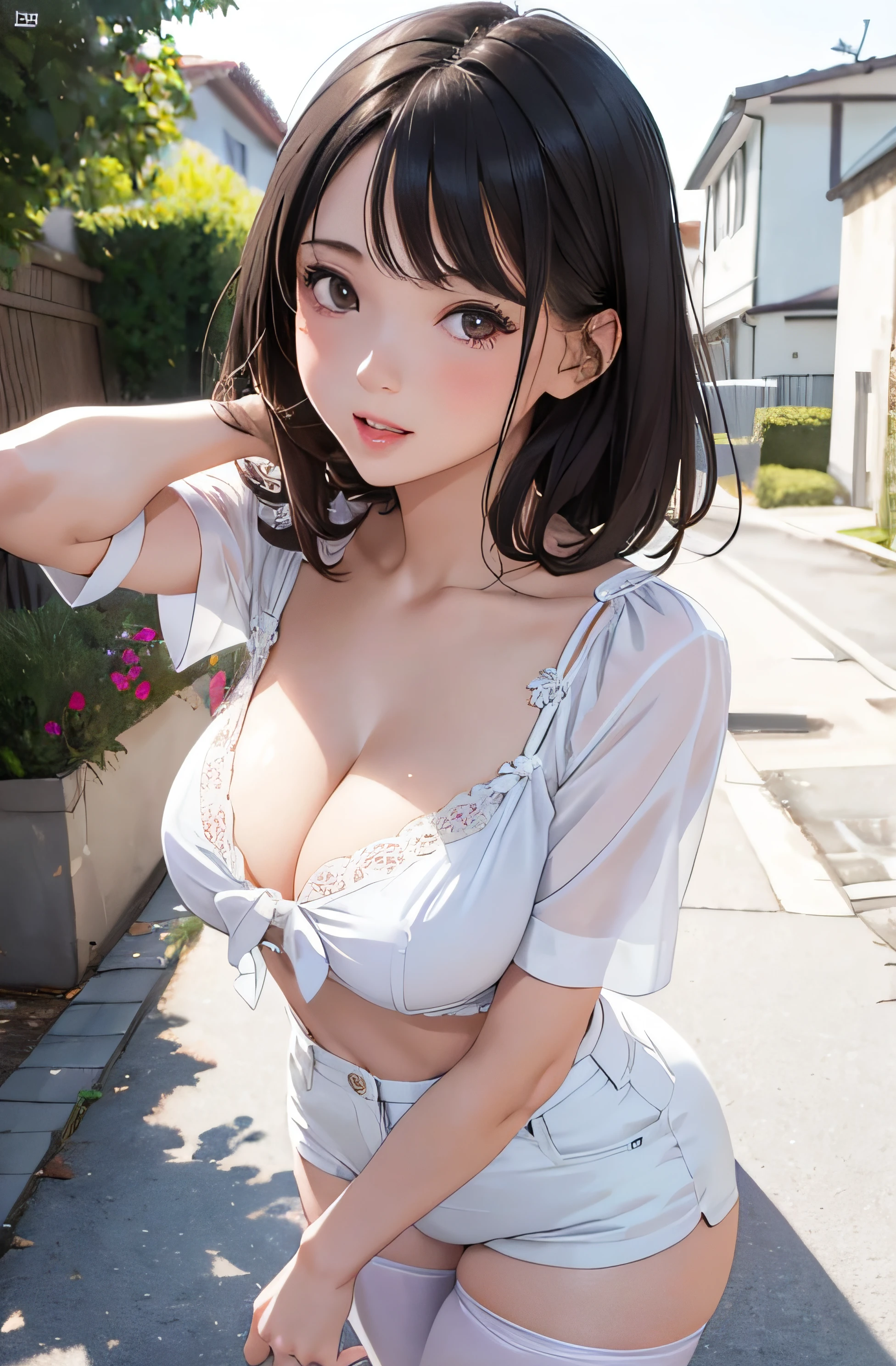 girl in summer clothes, white blouse, shorts, pantyhose or long stockings, making like she wants to kiss you, view from viewer, medium breasts, cleavage, random backgroud, flirtatious look, ((very detailed)), (perfectly detailed face), (well detailed hand) photorealistic image.