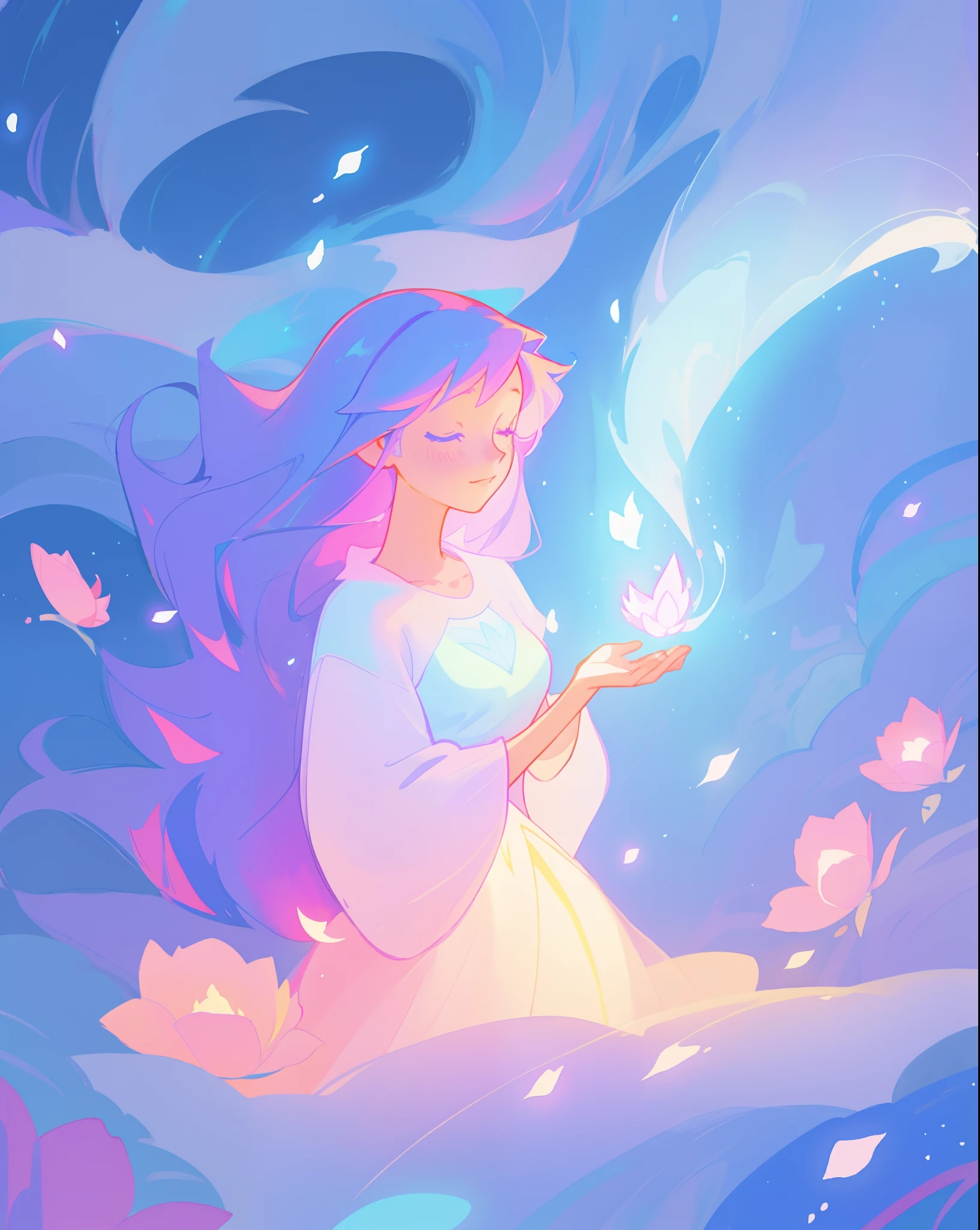 beautiful girl in puffy white ballgown, long dark hair, magical glowing blue lights coming from her hands, magical, whimsical, blue pink and purple colors, watercolor illustration, inspired by Glen Keane, inspired by Lois van Baarle, disney art style, by Lois van Baarle, glowing aura around her, by Glen Keane, jen bartel, glowing lights! digital painting, flowing glowing hair, glowing flowing hair, beautiful digital illustration, fantasia otherworldly landscape plants flowers, beautiful, masterpiece, best quality, anime disney style