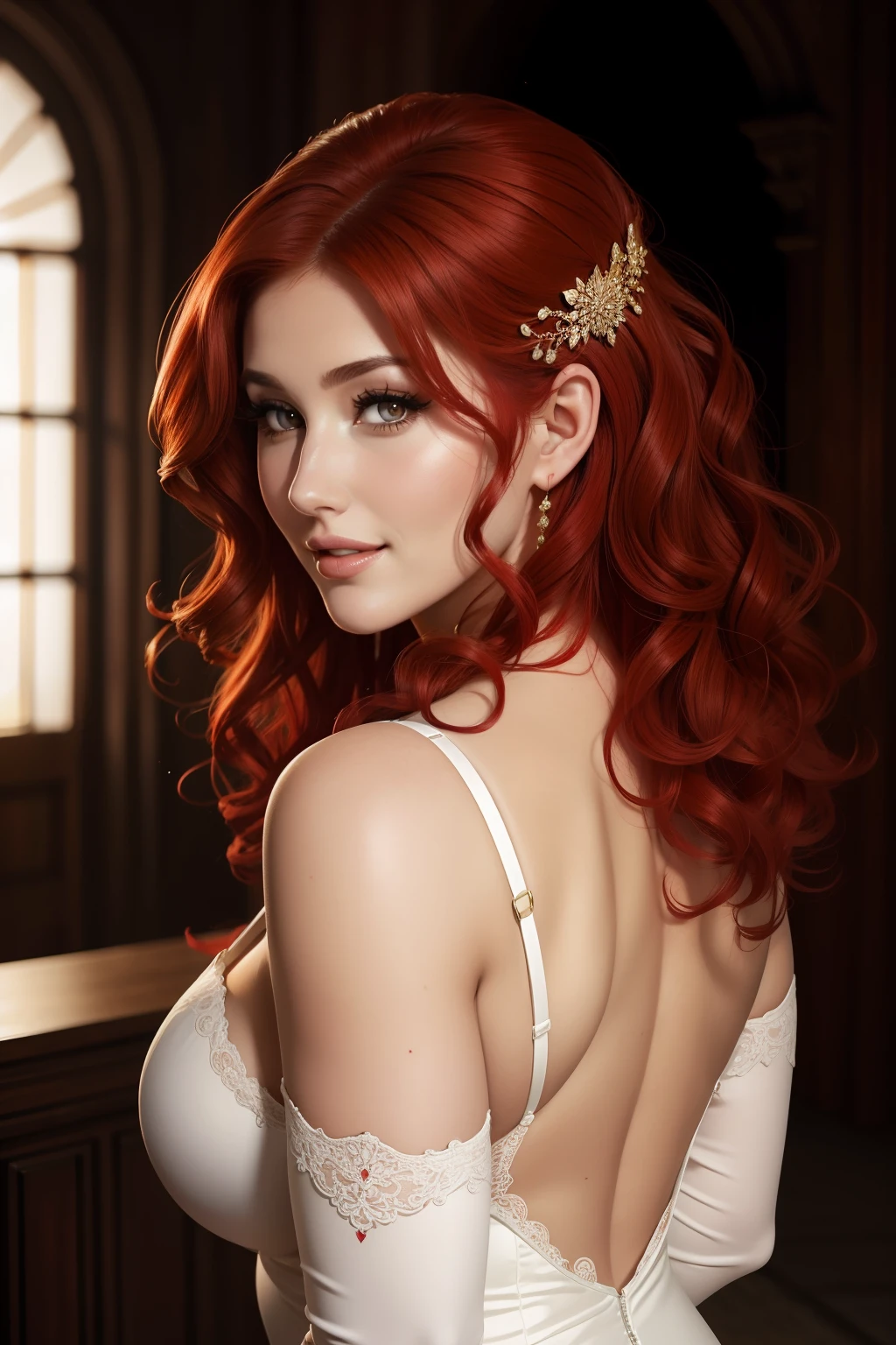 8k,Adult woman with red bushy hair,so beautiful(Like the real thing), strict, elegant, Red Dress, The enchanting aristocrat, silver element, Long nails, Exposing shoulders, Hairstyle, Beautiful expression,blue eyes, Messy, I am proud, Absurd, Elegant dress, Royalty, celebration, Hall decorated with flowers, Cowboy Shot, Portraiture, (Highest quality), (Tabletop), (Very detailed), masterpiece,Highest qualityのフォトリアリスティックなRAW写真。Backlight, Cinema Lighting, Film Grain, to be born, 50mm lens, Nikon D850,Ultra-Realistic Skin,Fantasy art,Character Art,Ultra-high resolution,A muscular and slender macho man,Perfect hands,compensate,Bust shot close-up,