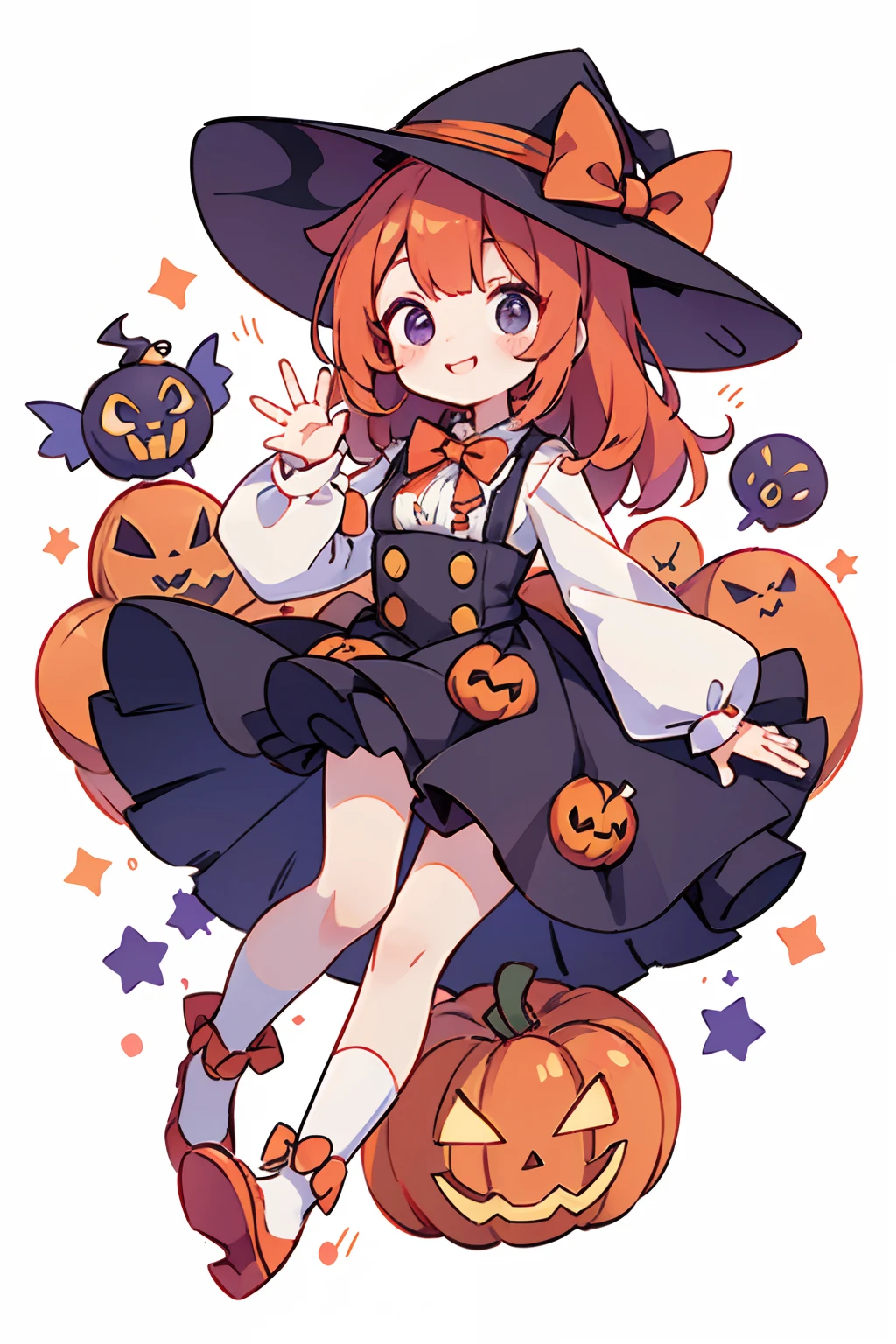 Cute Halloween Theme、full body Esbian、Eye Up、A smile、 Waving hands in a cute pose、Glamorous Hat、Halloween Accessories、Draw clothes buttons and pockets in a Halloween style、The costume is red、Cute shoes、high knee socks、breasts are large、The background is littered with sweets and sweets、Draw an outward border