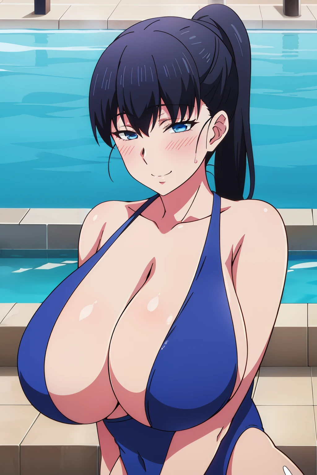 Best Quality, High resolution, Bare shoulders, pool, blue competition swimsuit,鎖骨, Black_hair,Blue eyes,Ponytail,Bangs,Long hair ,(Huge breasts:1.2), blush, Smile