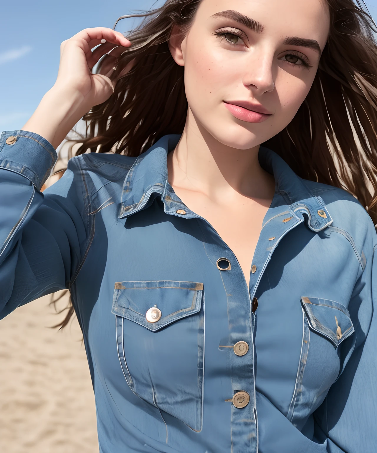 Denim clothes，Beauty close-up，Look at the camera and see the sky，rays of sunshine，Clear skin texture，Photorealsitic