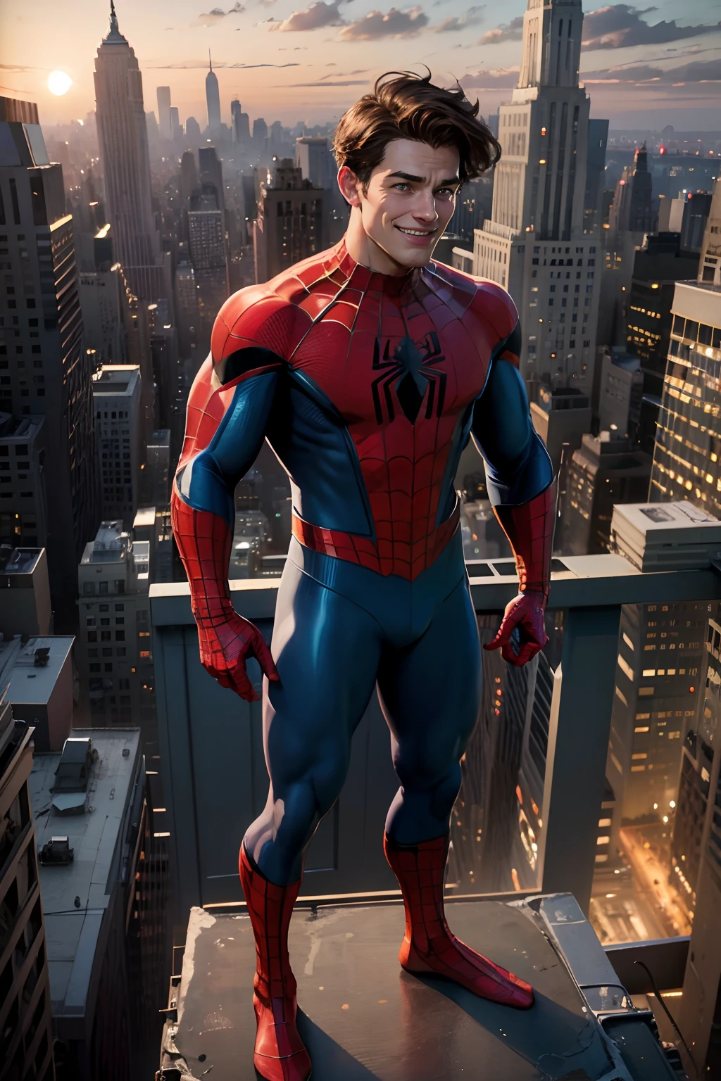 masterpiece, best quality, fullbody, spider-man costume, nomask, 1boy, brown hair, brown eyes, smiles, evening rooftop building of new york background