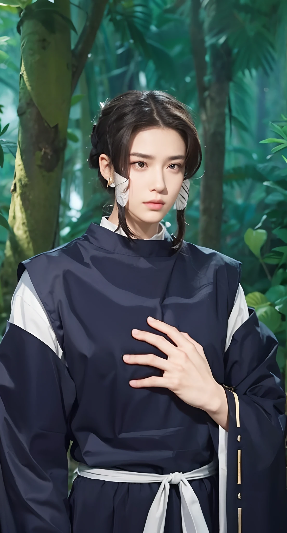 Real life adaption of this character, Handsome face,looking to viewer, sleep expression,realistic same hair The front part of her hair was tied with a white cloth ,realistic jungle with many grass background, hyper realistic, realistic light, realistic shadow, realism,(photorealistic:1.2), realistic same outfit