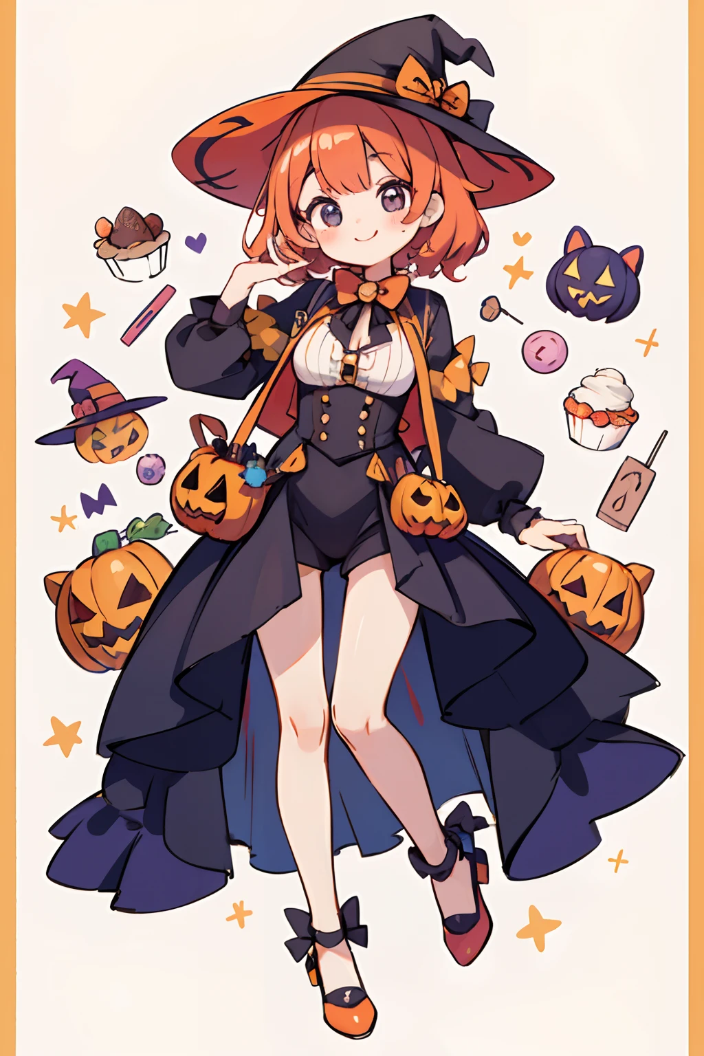 Cute Halloween Theme、full body Esbian、Eye Up、bustup、A smile、 Cute poses、Glamorous Hat、Halloween Accessories、Draw clothes buttons and pockets in a Halloween style、The costume is red、breasts are large、The background is littered with sweets and sweets、Draw an outer border