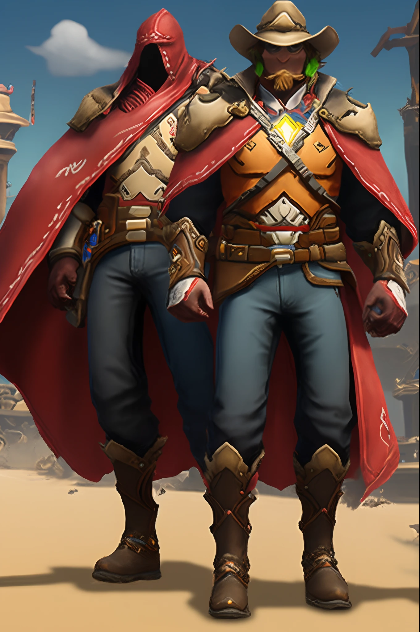 videogame overwatch mccree cowboy hat, brown headwear, mechanical arms, belt buckle, brown footwear, red cape, poncho, bandolier, cigar, smoking, big veiny