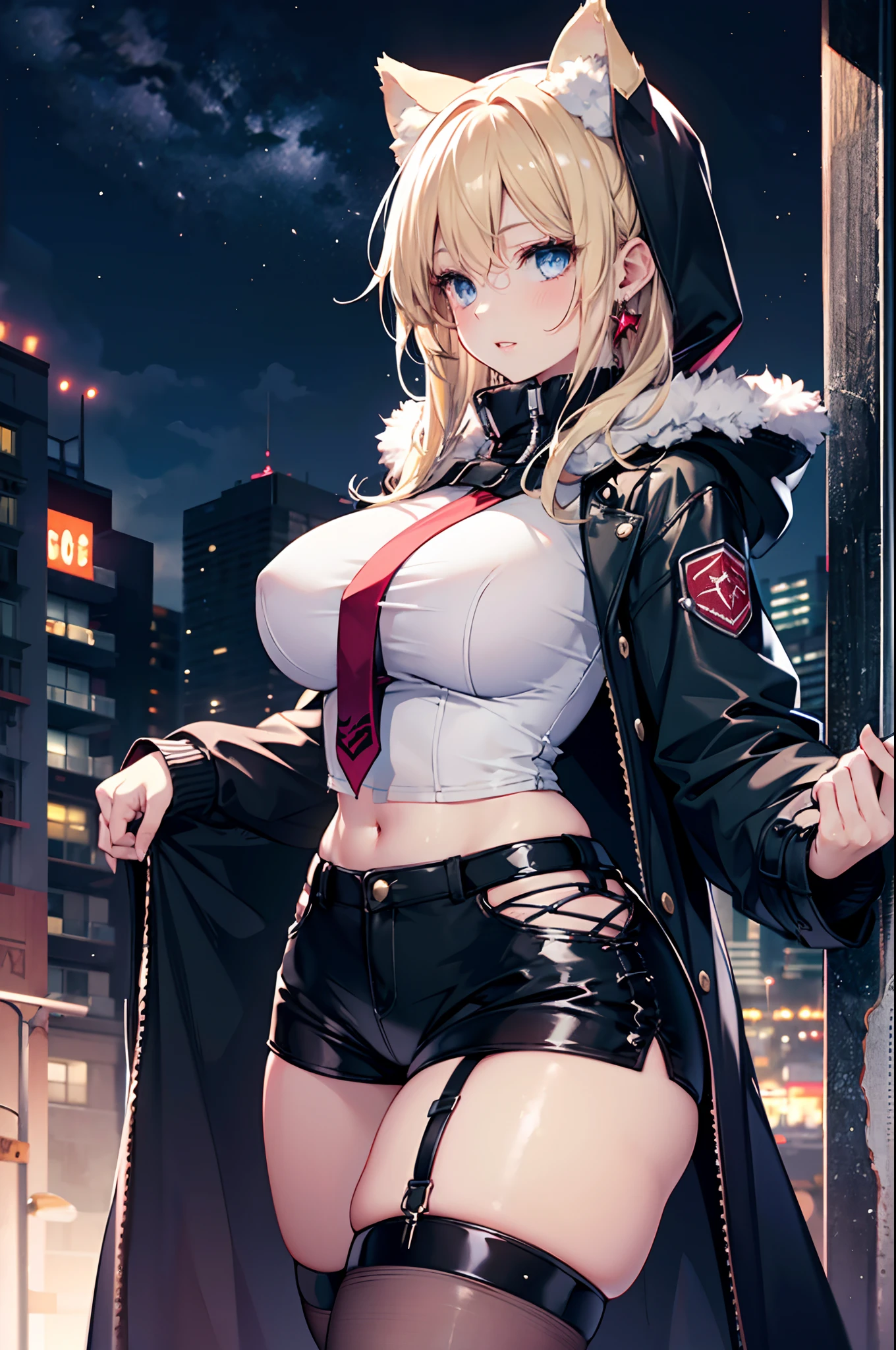 Realistic and detailed image of a girl with cat ears. Dressed in a short hooded coat, top and minishorts with garters. Unusually shiny long silky blonde hair. blue eyes. Has earrings and long eyelashes. She has full lips and vampire teeth. large breasts, slim waist, very wide hips and thick thighs. profile. arched back. She stands in a corner. snowy night. dark atmosphere. All Saints' Eve. Starry night.