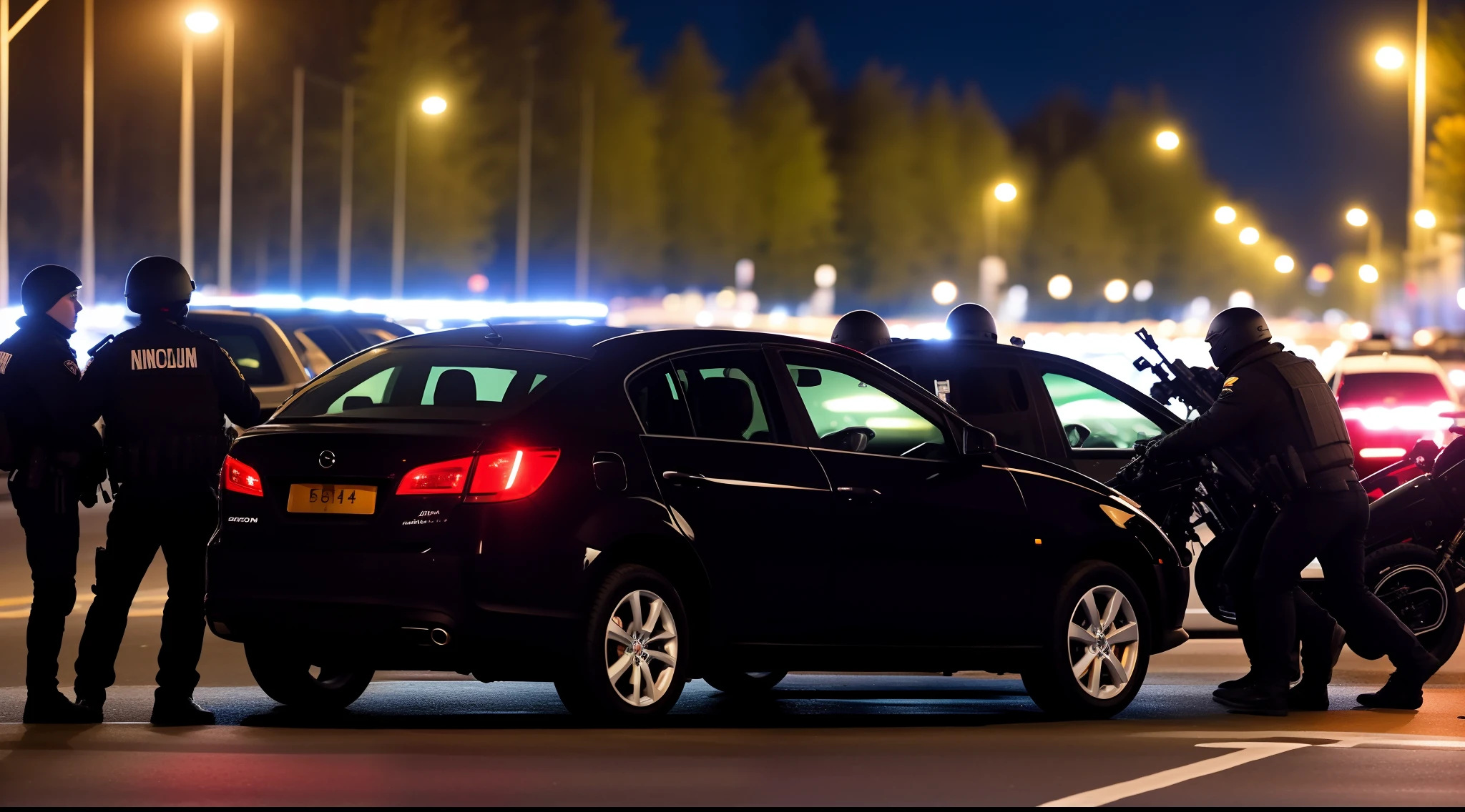 Black car at night on the streets of Moscow at high speed with a man and two women surrounded by several armed men on motorbikes shooting