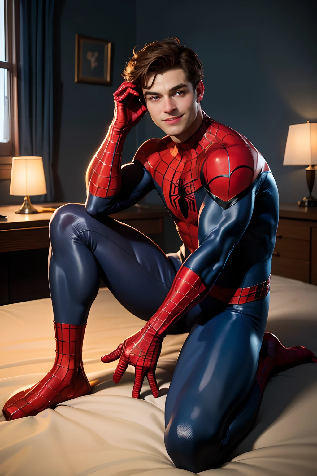 ((Best Quality, 8K, ultra-detailed, Masterpiece: 1.3)), 1boy, shiny skin, sharp, Perfect Body Beauty, realistic shaded perfect body, cute ,mascle, Marvel Spider-Man, penis out of pants, erection, cum, cum in face, cum everywhere, bright light, amazing composition, front view, HDR, volumetric lighting, ultra quality, elegant, highly detailed