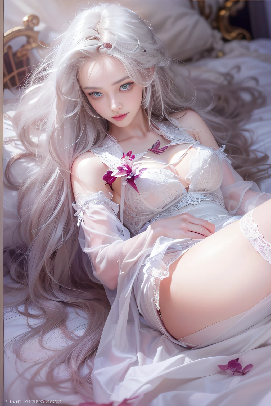 ((tmasterpiece:1.4)、(top-quality:1.4)、(reallistic:1.7))、By Luis Royo(By Luis Royo)Surreal portrait of a beautiful girl、Super beautiful girl、((1girl in:1.4))、Shiny natural skin texture、Authors:By Luis Royo(By Luis Royo)、age19、(Two arms:1.4、Two legs:1.4)、(perfect anatomia:1.4)、(Perfect female body:1.4)、Portrait photo of a girl、Close-up photos、Full body shooting、((masutepiece:1.4), (of the highest quality:1.4), (Realistic:1.7), By Luis Royo, Beautiful Girl, Super beautiful girl, ((1girl in:1. 4), Shiny natural skin texture, Authors: By Luis Royo, 19 years old, (Perfect female body: 1.4), (Perfect female body: 1.) 4), Portrait photo of a girl, Close-up photos, (Full body photo), Fantasy Art, Soft front light, Beautiful expression, Kawaii face, Beautiful breasts, Large Full Breasted: 1. 2, Beautiful buttocks, Fine eyes, Clear and eye-catching, beautiful and alluring, Beautiful eyes, thin waist, Raw photo, Red lips, ((White hair, Long hair)) , 1 Screen View, ((Woman on all fours on silk bed)), (sexyposture), (the milky way in the sky),((T-back panties))、((White garters and garter belts))、(A smile),((posterior view))、((Looks Back))、((Vaginal orchids))、((erection))