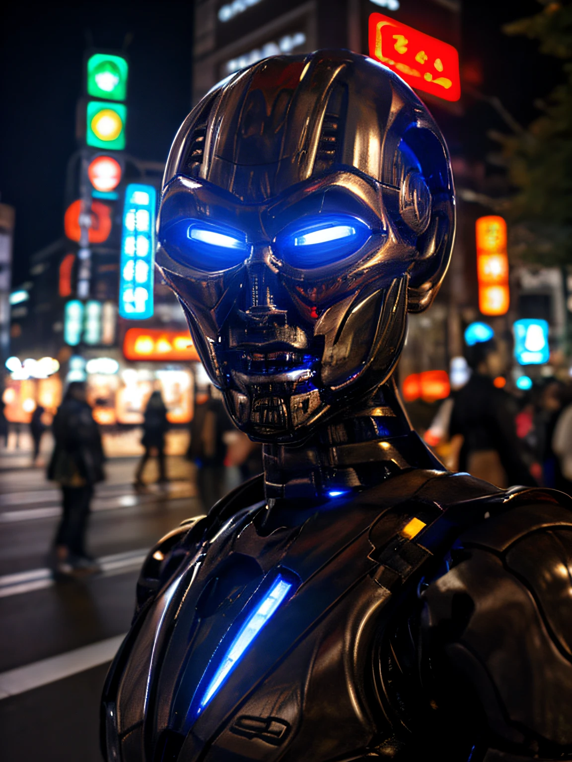 ultra realistic, very high quality, clear lighting, T-X, endoskeleton, (T-X endoskeleton:1.1, T-X in a tokyo street:1.0), detailed T-X, chromatic, ultrarealistic T-X, night time, crowded street, cinematic, detailed environment, (deep focus:1.0, bokeh:1.0), sharp details, photorealistic subject, ultra HD, 8K