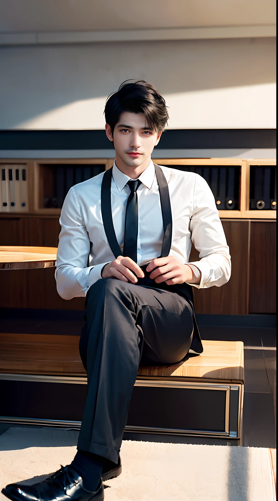 Masterpiece, Excellent, (Office: 1.5), CG drawing with super high detail, handsome, cold face, expressionless,, (a man with short black hair, white shirt, black tie, black pants, leather shoes, a little scum: 1.8),, Inside the president's office, luxurious, sitting on a chair, facing the audience, illustrations
