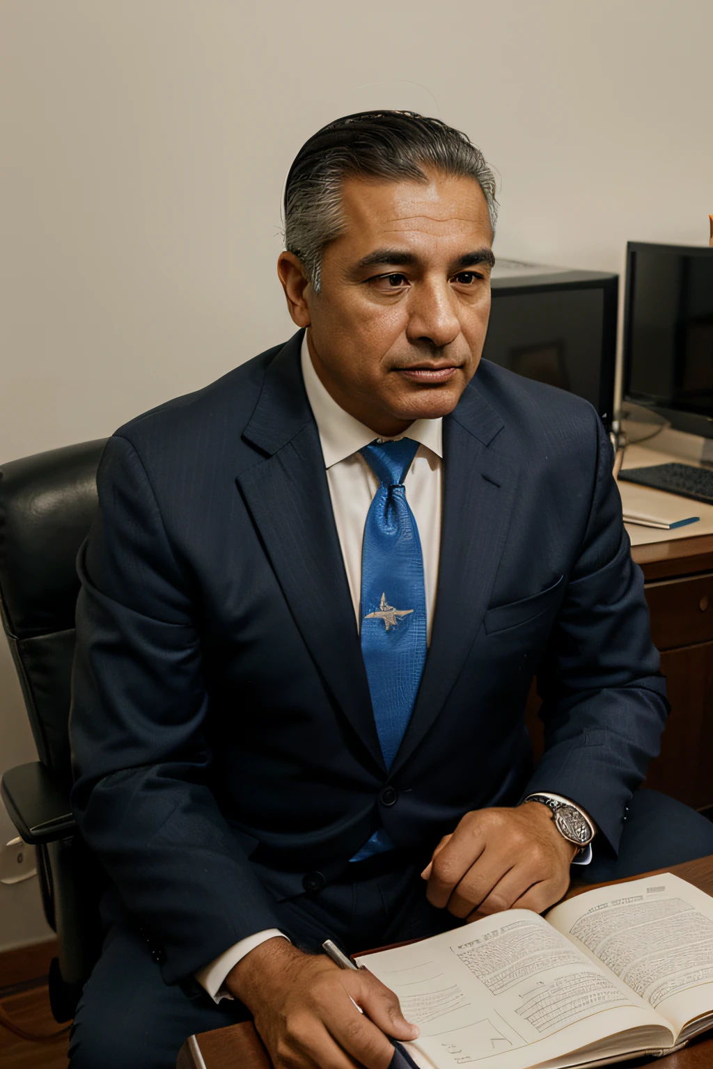 50-year-old Chilean latino man in suit sitting at a plush desk and talking on cell phone .
