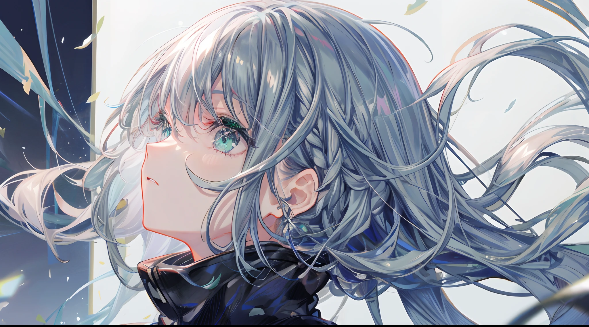 1 girl in、Eyes swaying anxiously、profile、Face down right、Eyelids lowered、Gray hair、Longhaire、Green eyes、