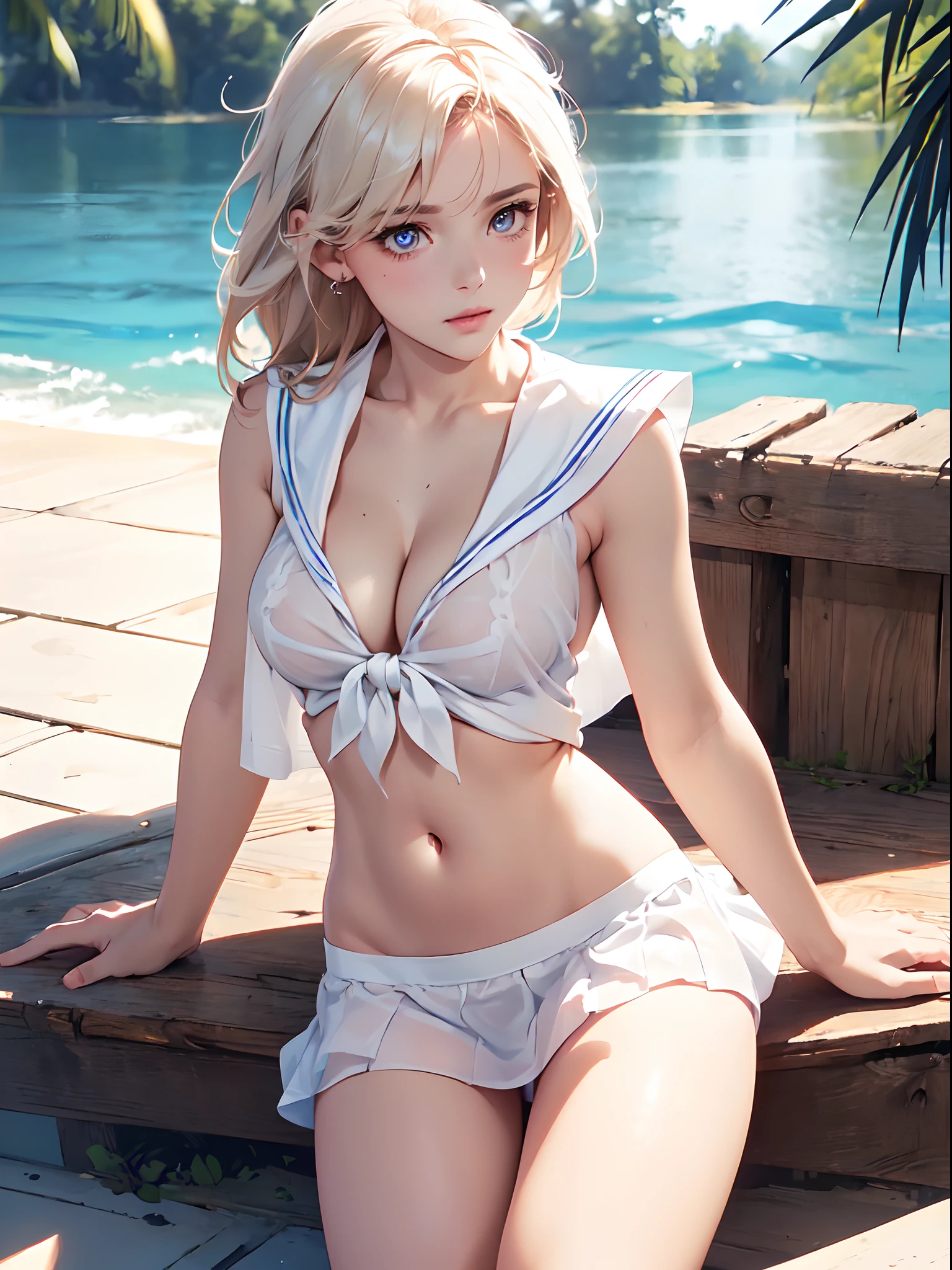 (((toppless))), ((())), (((Spread ))), (((Open legs))), (large full breasts), (((cleavage))), ((Smooth texture, Realistic texture, Photorealistic)), ((Detailed beautiful eyes, Beautiful eyelashes, Realistic eyes)), extremely detailed CG unified 8k wallpaper, very fine 8KCG wallpaper, (masterpiece, Best Quality), High resolution, Ultra-detailed, ultra-sharp, 1 Lady, full ,Naked, at poolside, ((( Light white sailor shirt, Sleeveless, Open front))), (((Navel ))), (((Sheer Micro Mini Skirt))), (Beautiful face, Cute face, Detailed face), (((Cowboy Shot))), (((Sunny))), Perfect Eyes Eyes
