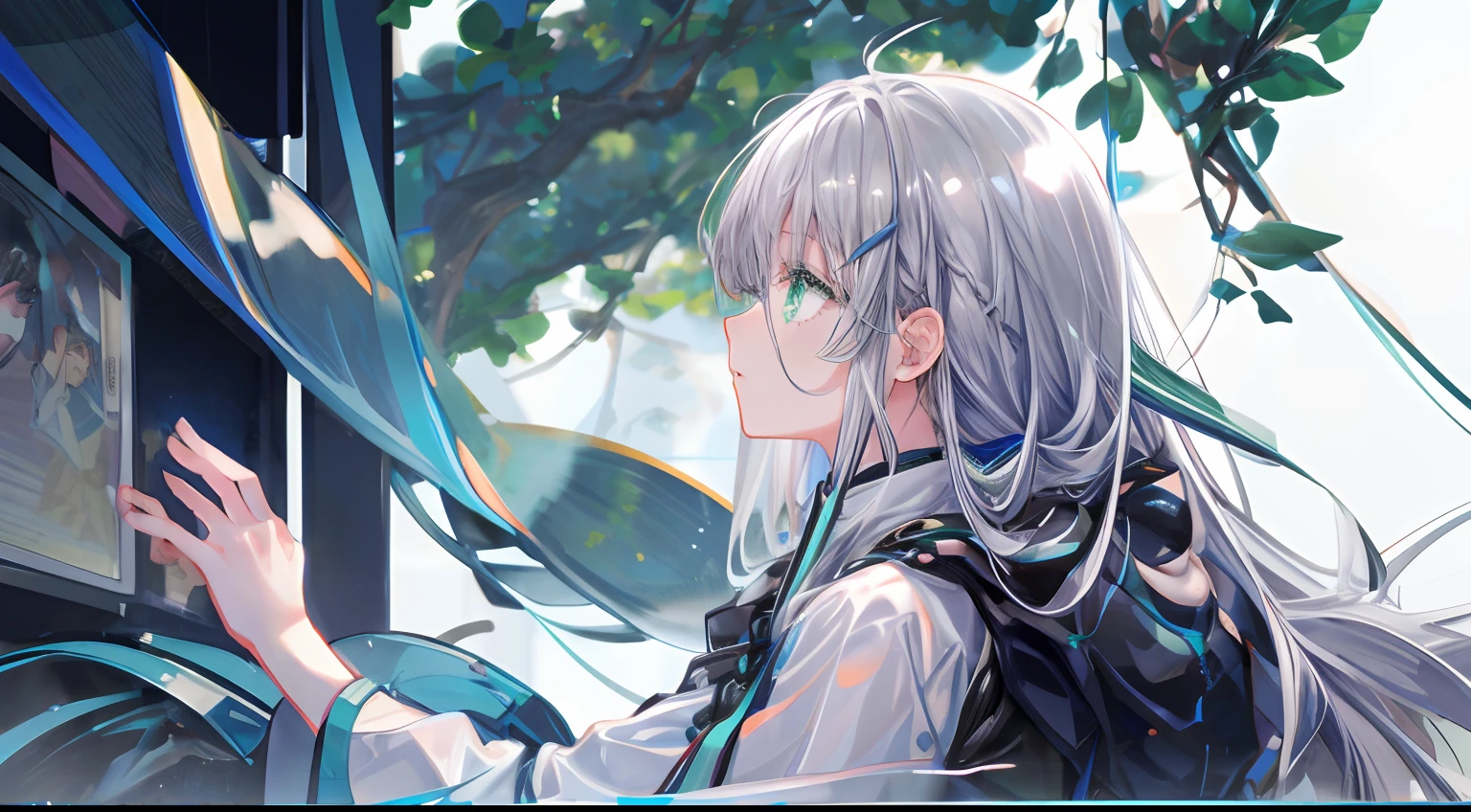 1 girl in、Eyes swaying anxiously、profile、Face down right、Eyelids lowered、Gray hair、Longhaire、Green eyes、